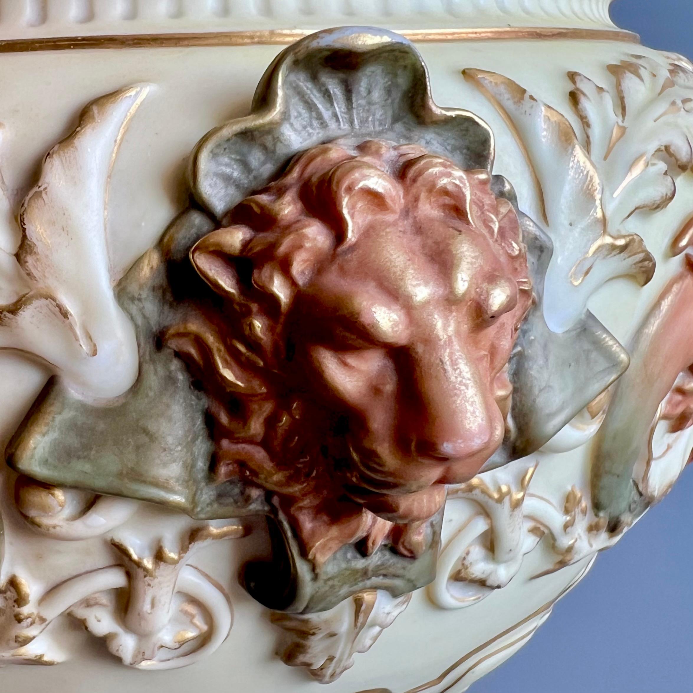 English Royal Worcester Porcelain Jardiniere, Blush Ivory Satyr Masks, Victorian 1901