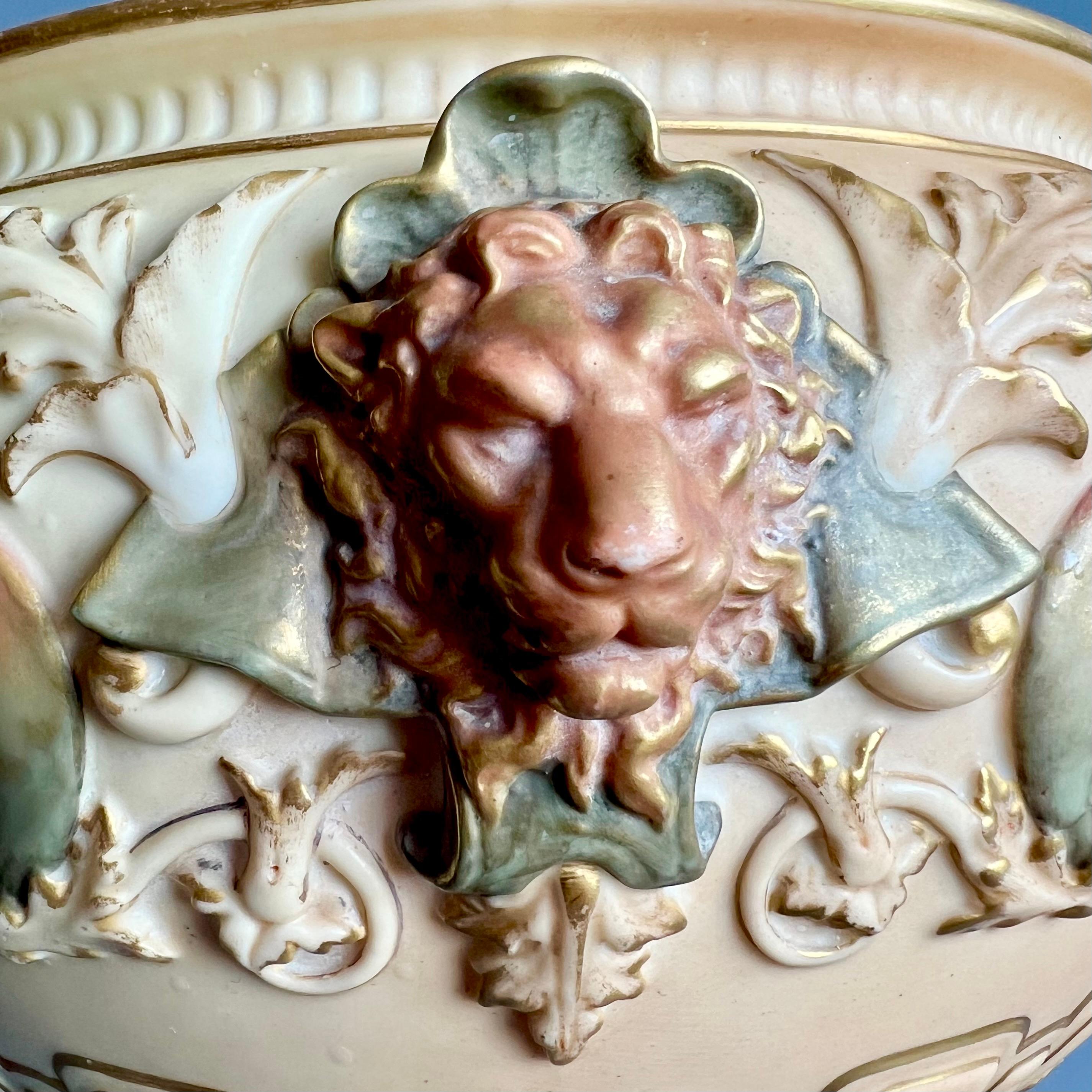 Hand-Painted Royal Worcester Porcelain Jardiniere, Blush Ivory Satyr Masks, Victorian 1901