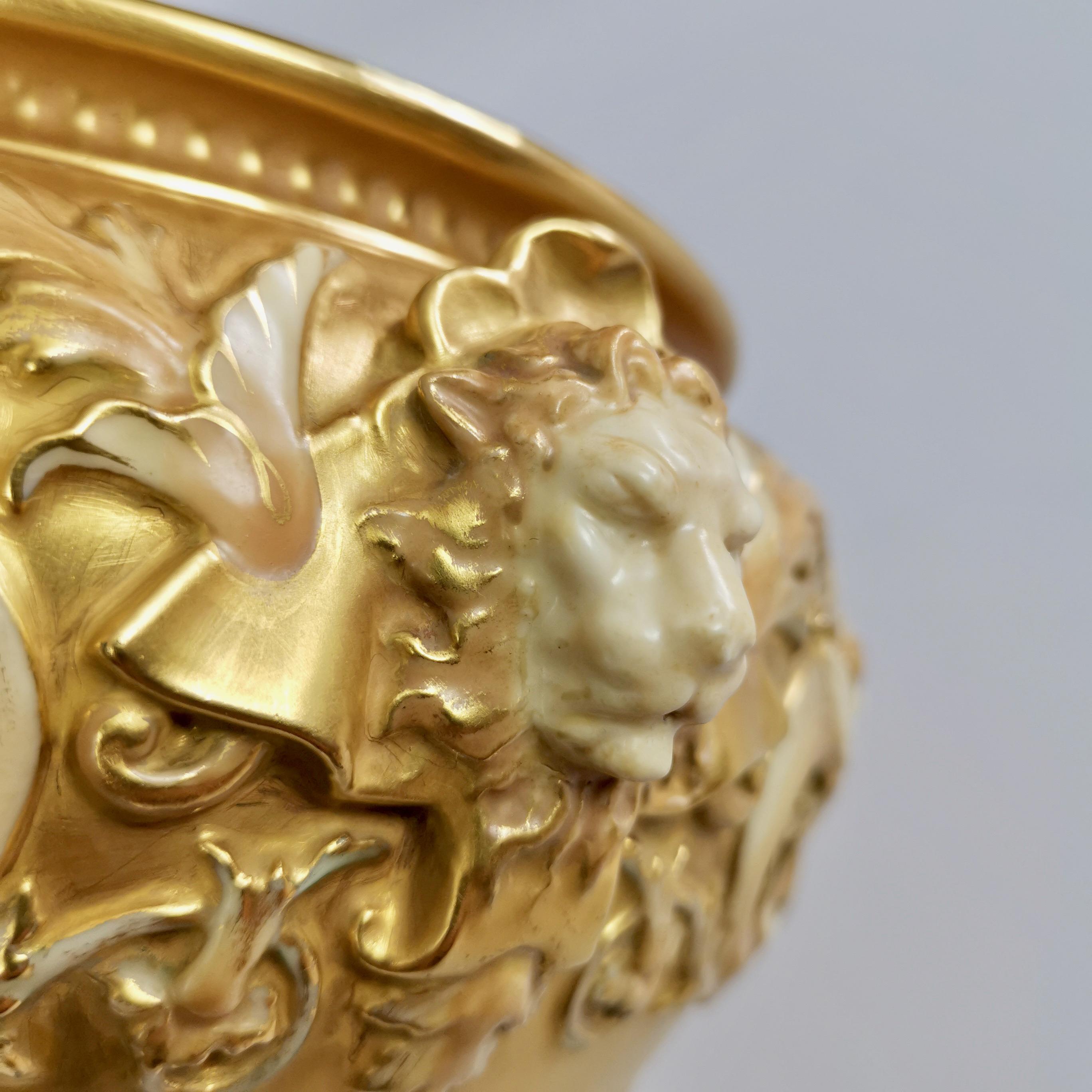 English Royal Worcester Porcelain Jardiniere, Gilt, Blush Ivory and Masks, 1892-1920