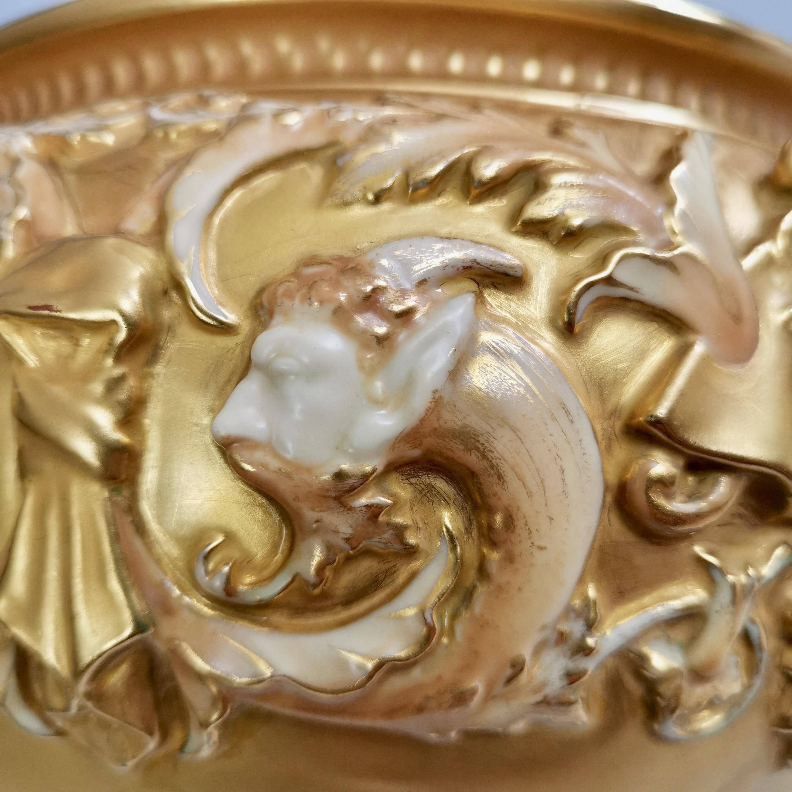 Hand-Painted Royal Worcester Porcelain Jardiniere, Gilt, Blush Ivory and Masks, 1892-1920