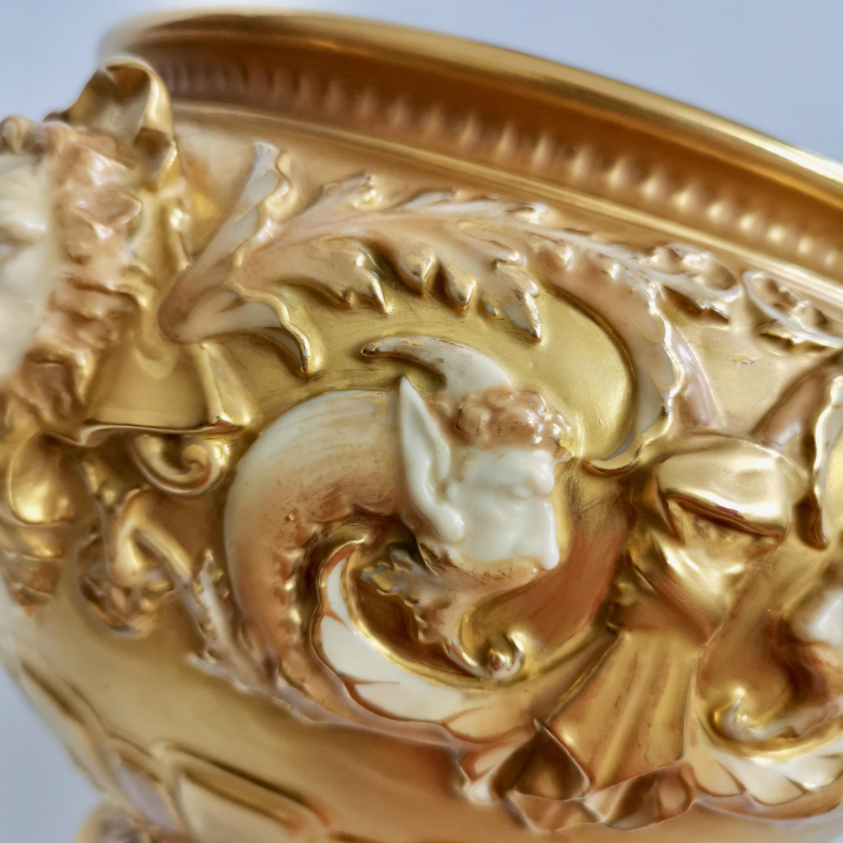 19th Century Royal Worcester Porcelain Jardiniere, Gilt, Blush Ivory and Masks, 1892-1920