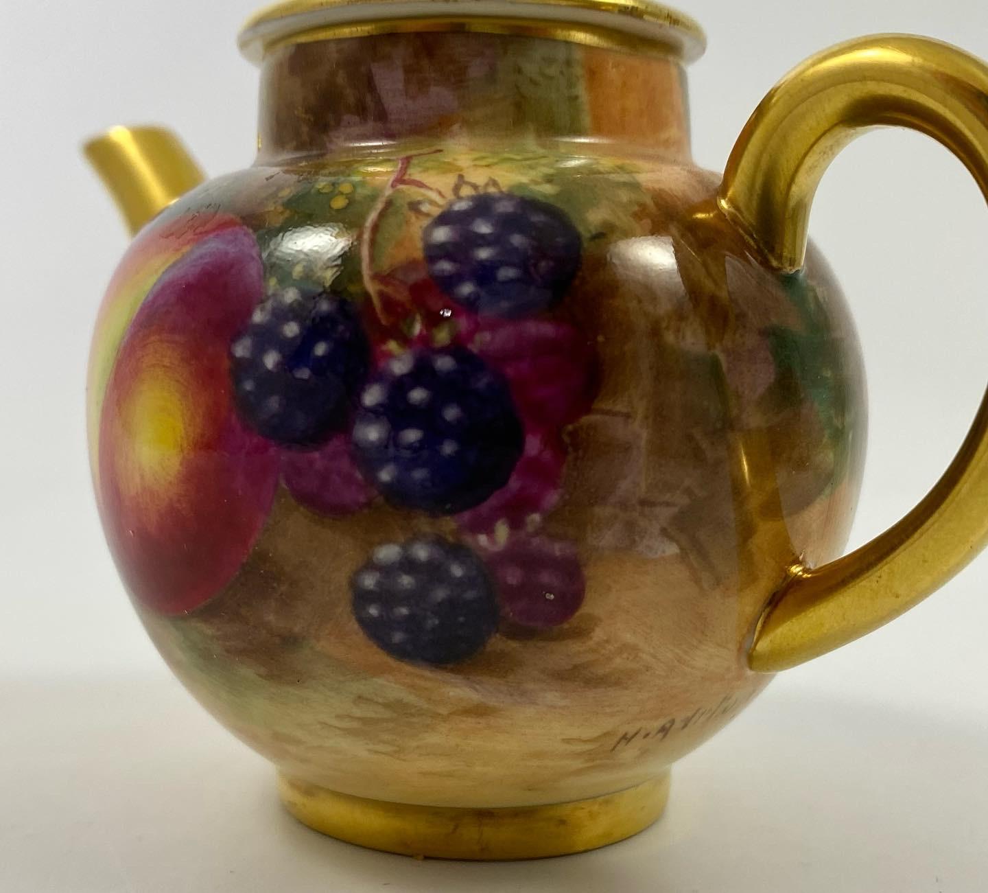 English Royal Worcester Porcelain Miniature Fruit Teapot, Harry Ayrton, Dated 1953