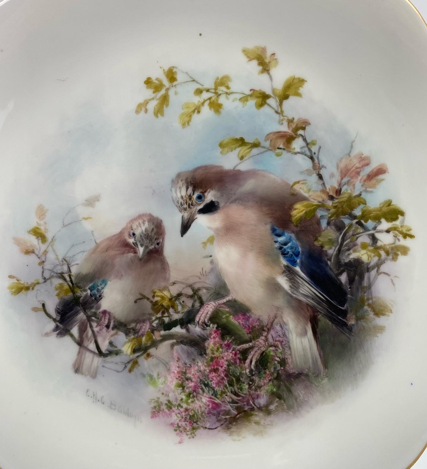 Royal Worcester porcelain plate, exceptionally well painted by Charles Henry Clifford Baldwyn, dated 1908. The shaped plate, finely painted to the centre, with two birds perched on branches.
Signed C.H.C.Baldwyn.
Printed puce factory marks to the