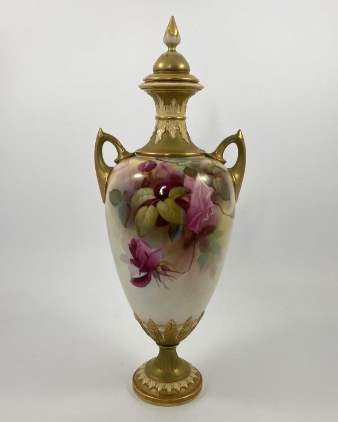 English Royal Worcester Porcelain Vase and Cover, Roses, Jack Southall, D. 1912