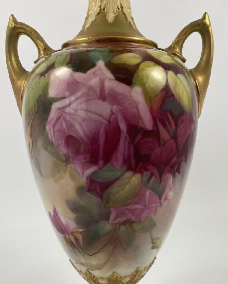 Fired Royal Worcester Porcelain Vase and Cover, Roses, Jack Southall, D. 1912