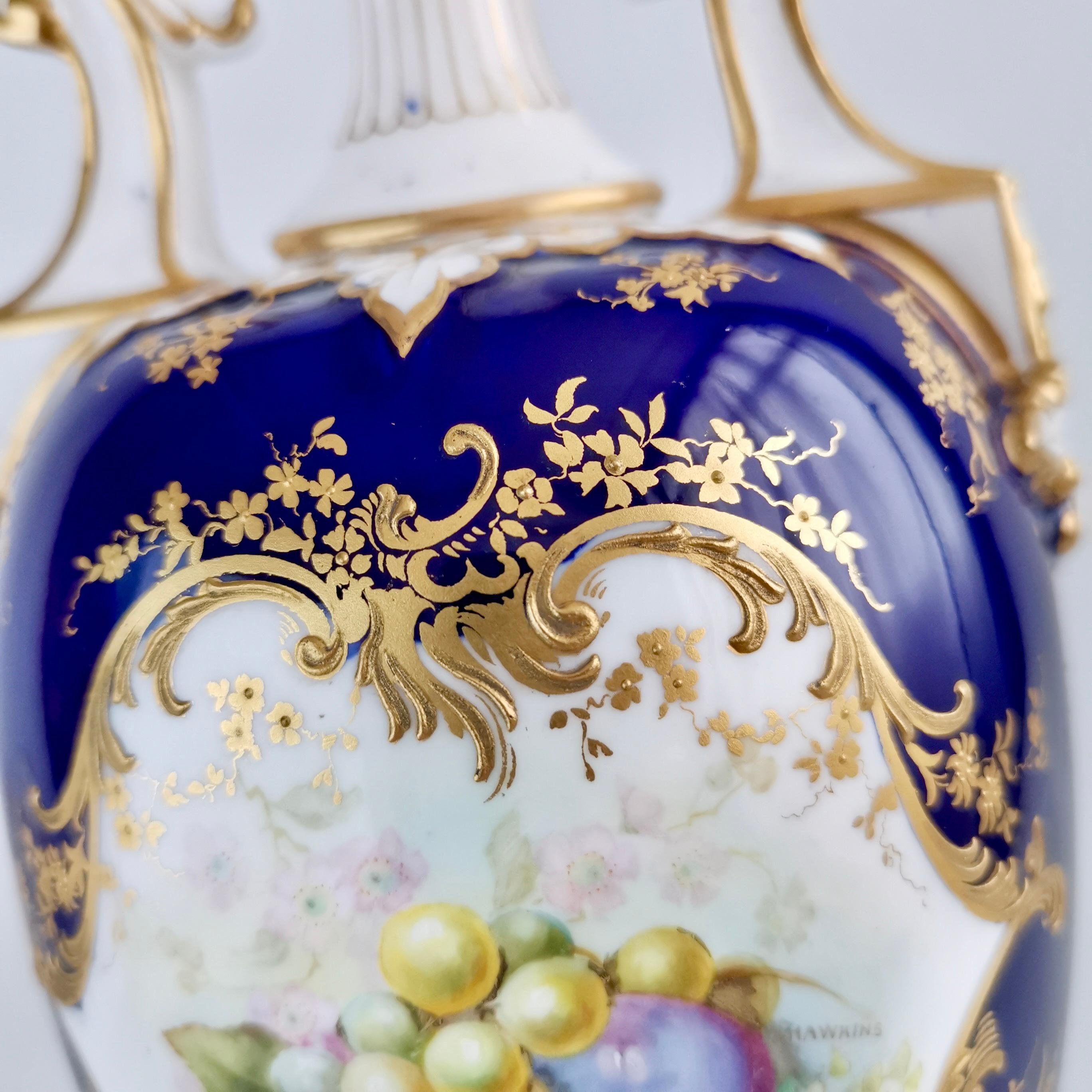 Royal Worcester Porcelain Vase, Cobalt Blue, Fruits by W.Hawkins, Victorian 1901 1