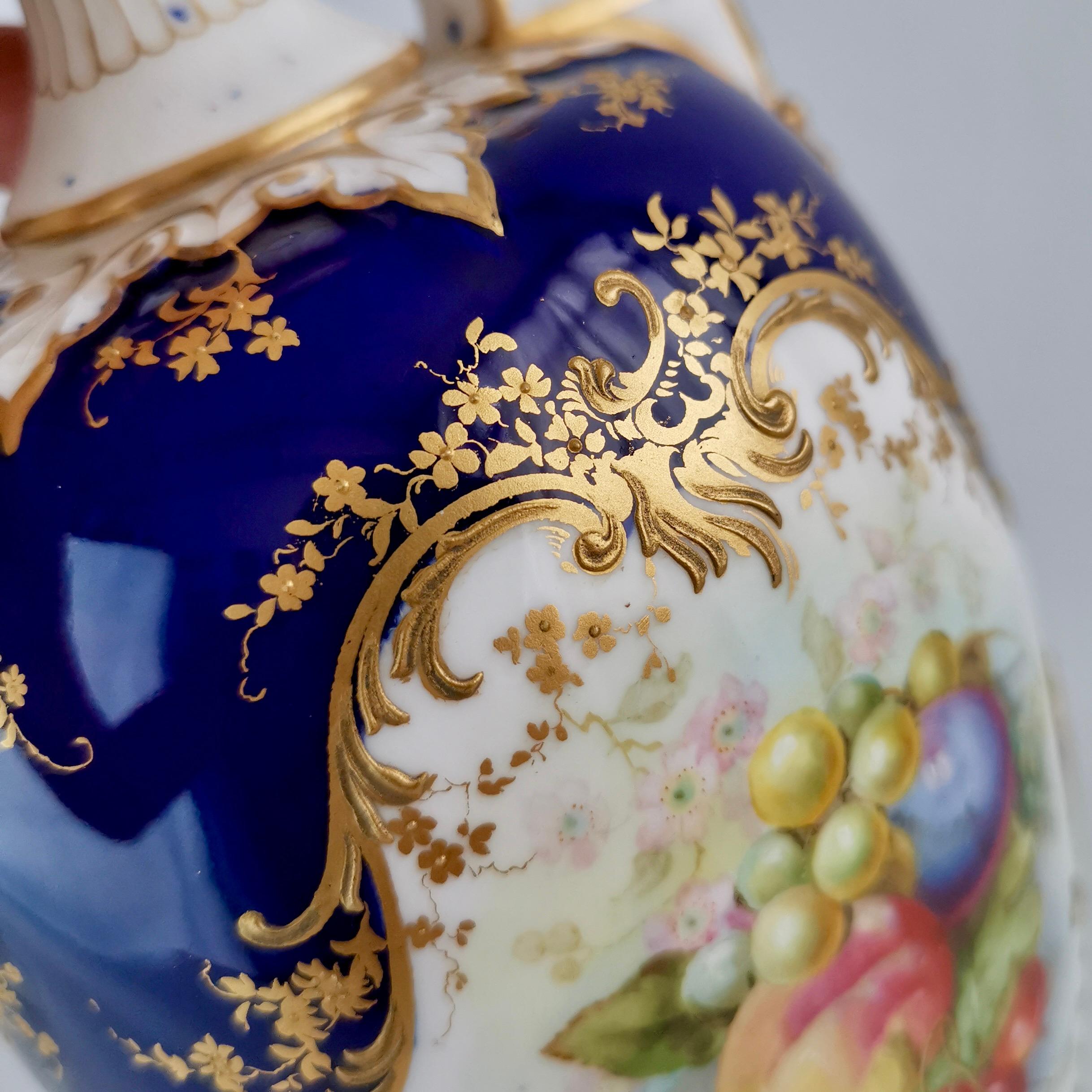 Royal Worcester Porcelain Vase, Cobalt Blue, Fruits by W.Hawkins, Victorian 1901 4