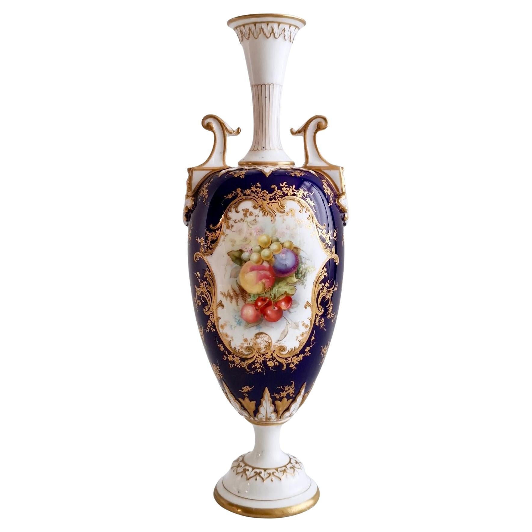 Royal Worcester Porcelain Vase, Cobalt Blue, Fruits by W.Hawkins, Victorian 1901