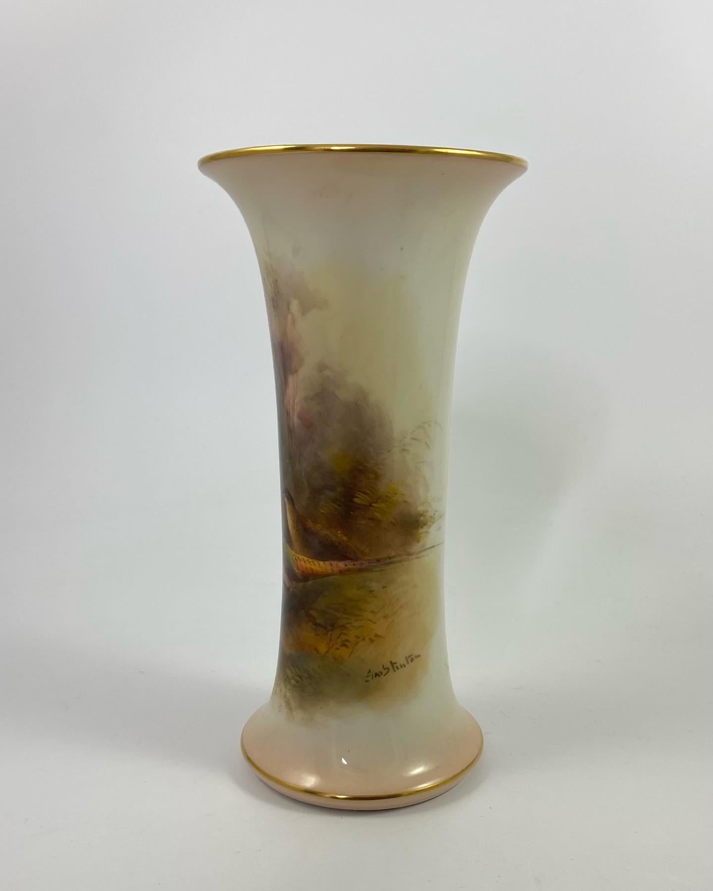 Fired Royal Worcester Porcelain Vase, Pheasants, James Stinton, D. 1934