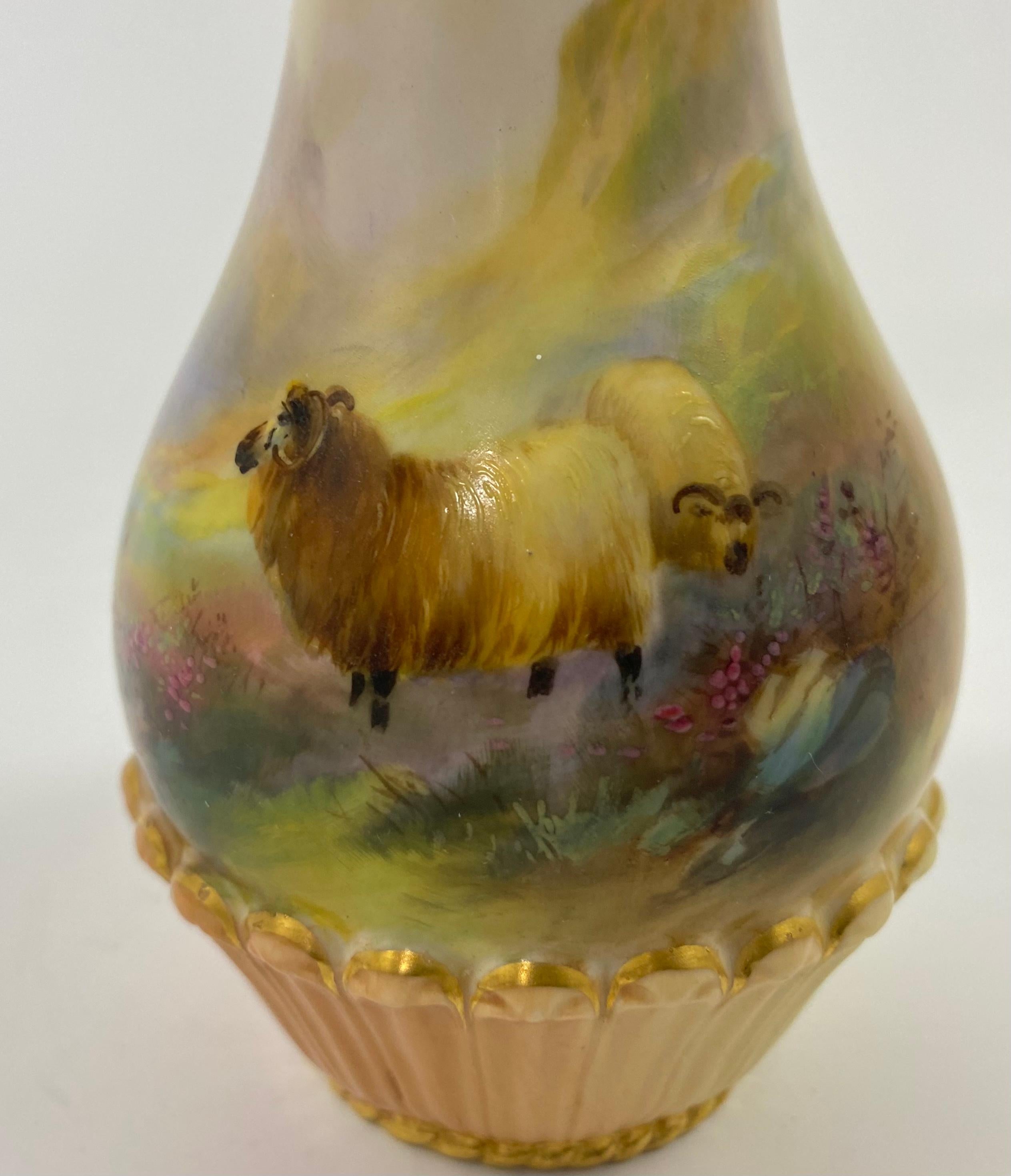 Fired Royal Worcester Porcelain Vase, Sheep, Harry Davis, Dated 1909
