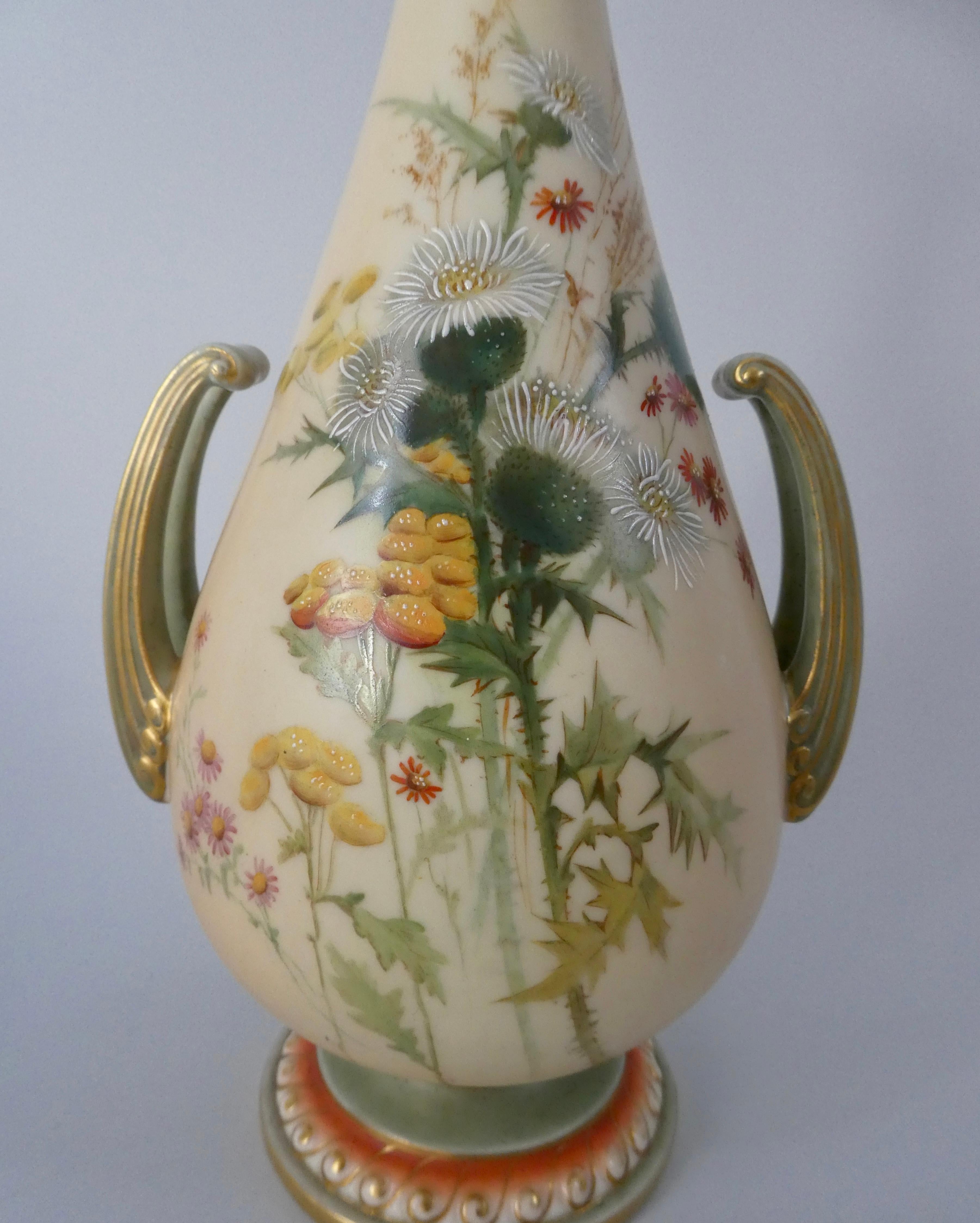 Royal Worcester porcelain vase, dated 1901. The elegant, pear shaped vase, painted in the style of Edward Raby with a study of thistles and other flowers to the front. The reverse with a similar but smaller study, all upon a blush ivory ground.