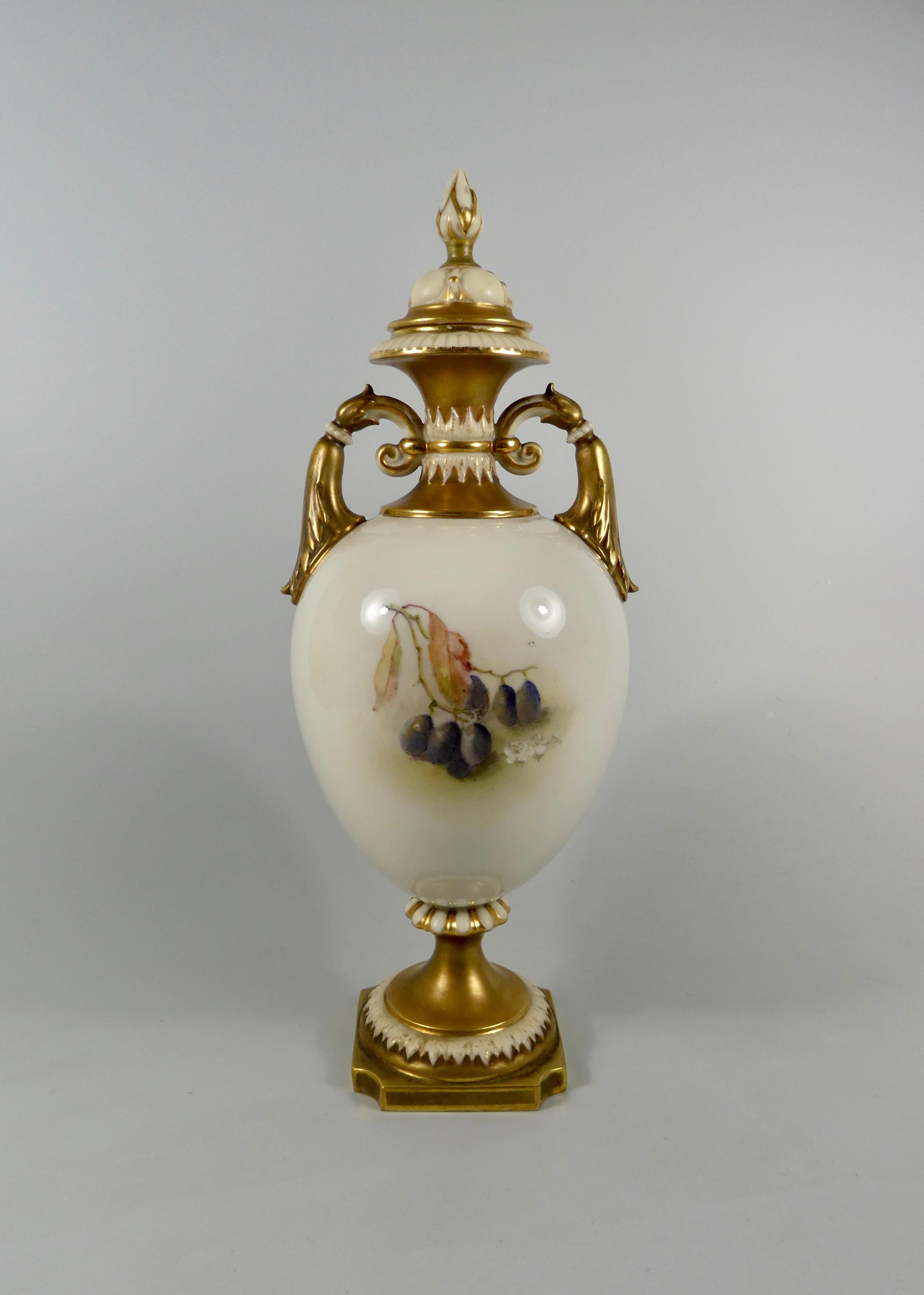 Fired Royal Worcester Porcelain Vase, Fruit Painted by William Ricketts, circa 1915