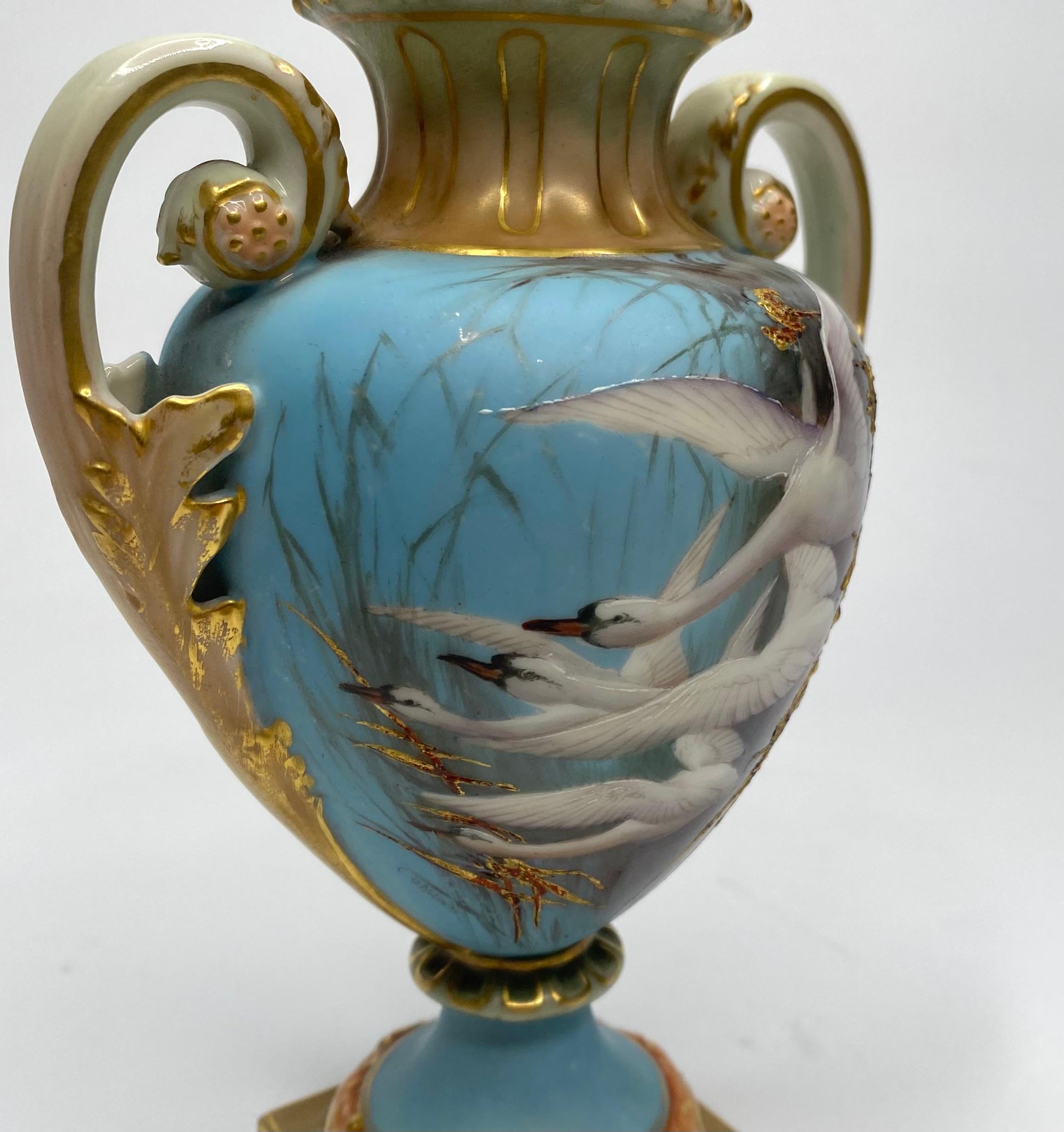 English Royal Worcester porcelain vases. Swans by Charles Baldwyn, d. 1904. For Sale
