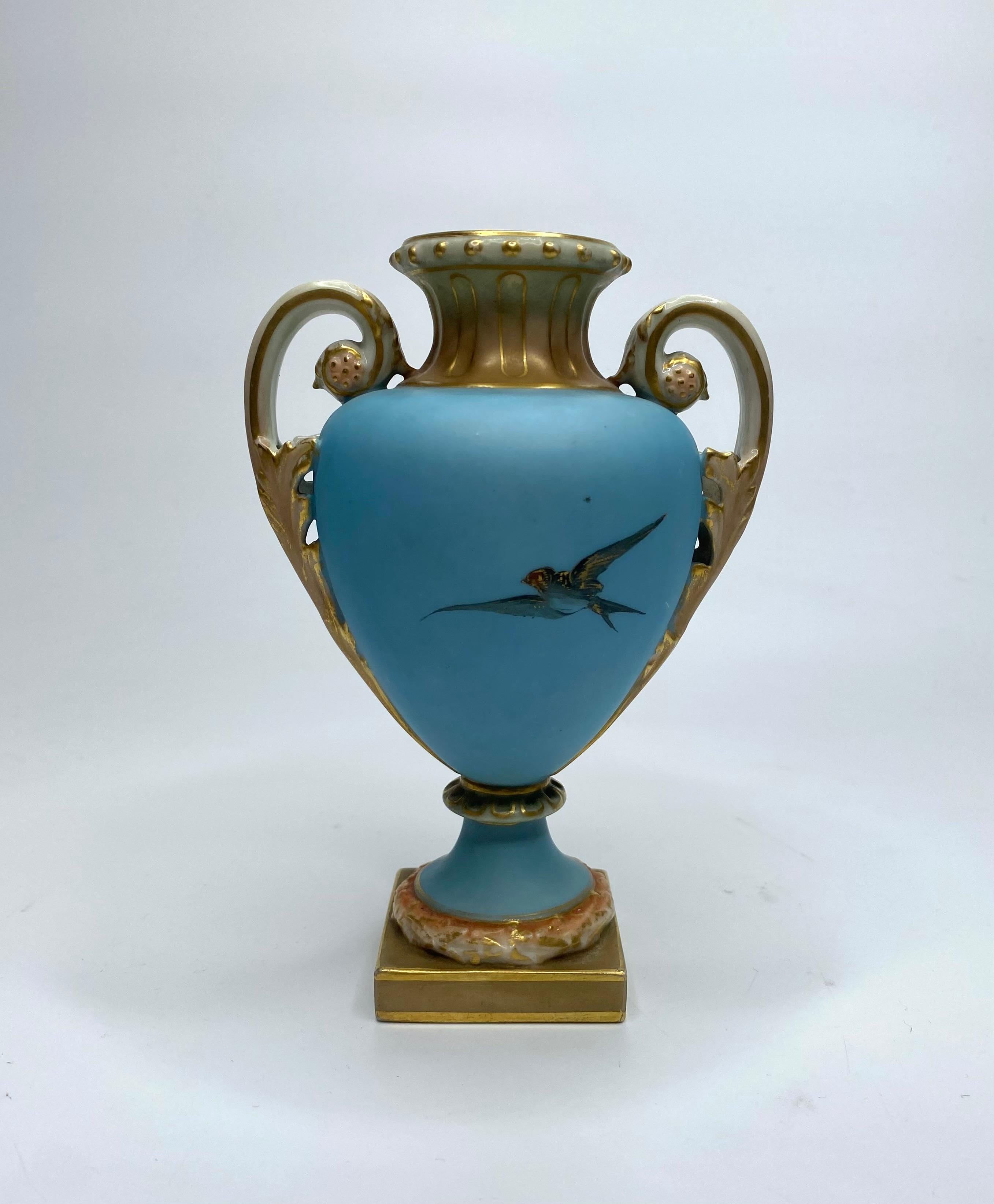 Fired Royal Worcester porcelain vases. Swans by Charles Baldwyn, d. 1904. For Sale