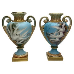 Royal Worcester porcelain vases. Swans by Charles Baldwyn, d. 1904.