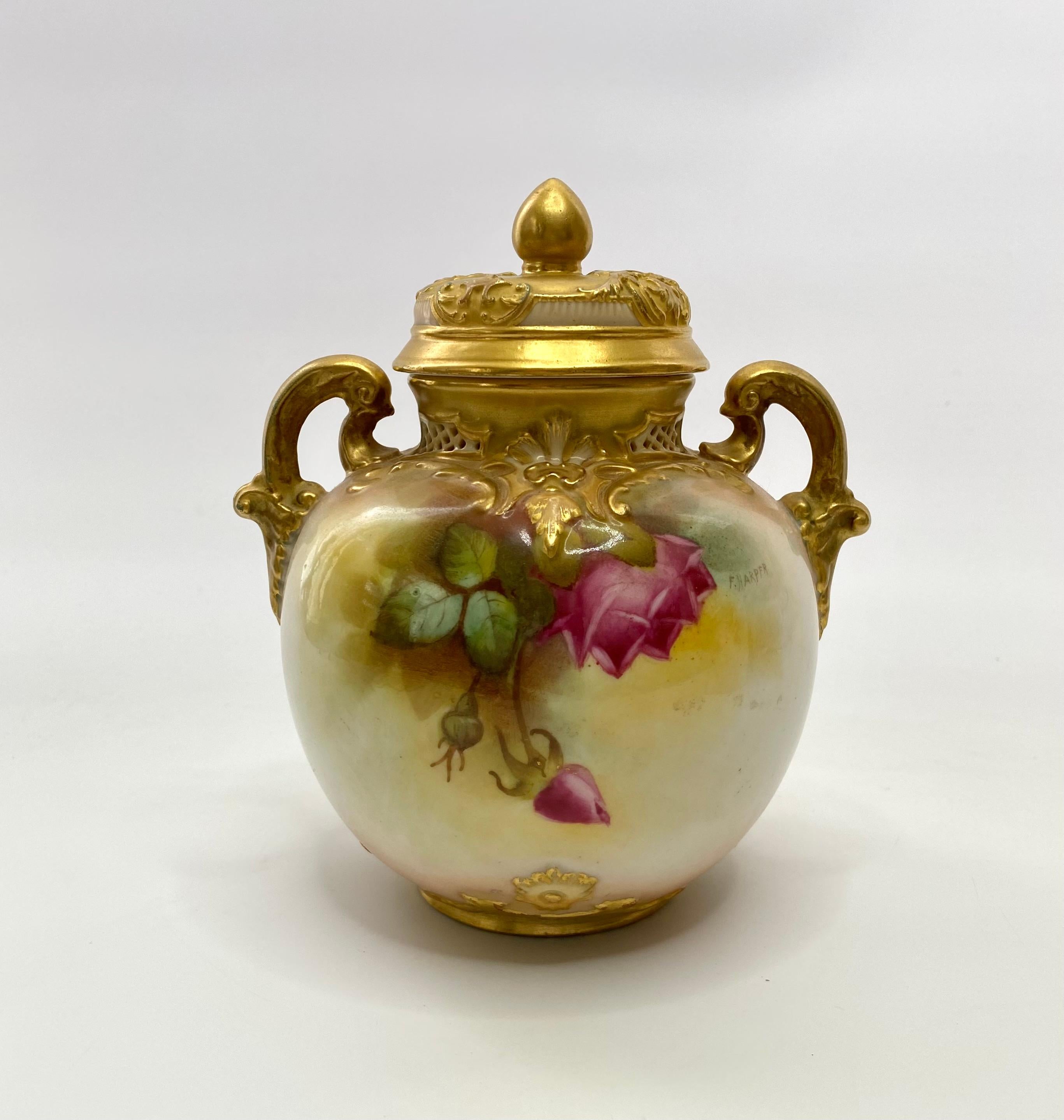 Victorian Royal Worcester pot pourri. Roses. F.Harper, c. 1919. For Sale