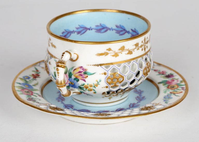 Aesthetic Movement Royal Worcester Rare Reticulated Floral Painted Cabinet Cup and Saucer