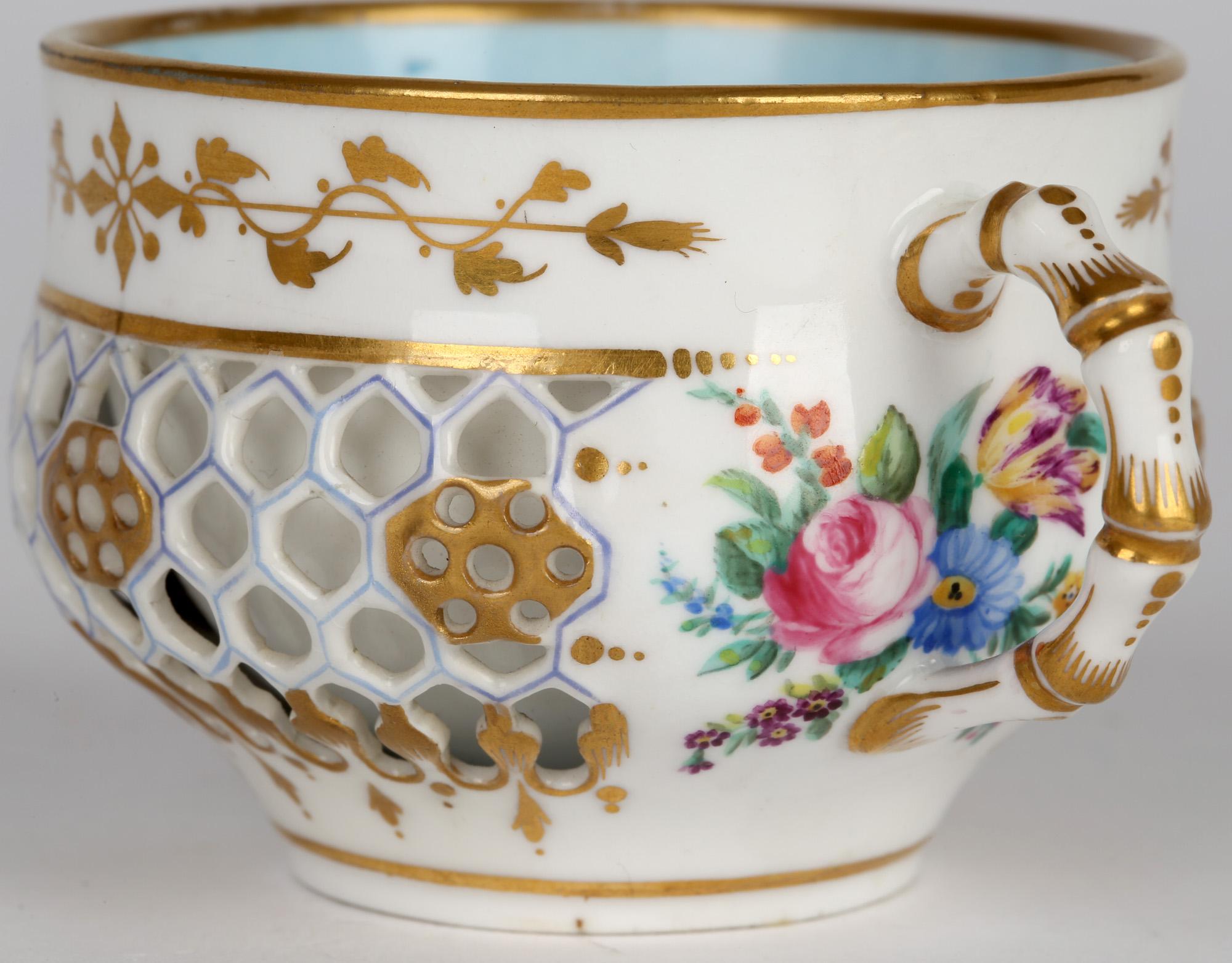 Hand-Painted Royal Worcester Rare Reticulated Floral Painted Cabinet Cup and Saucer