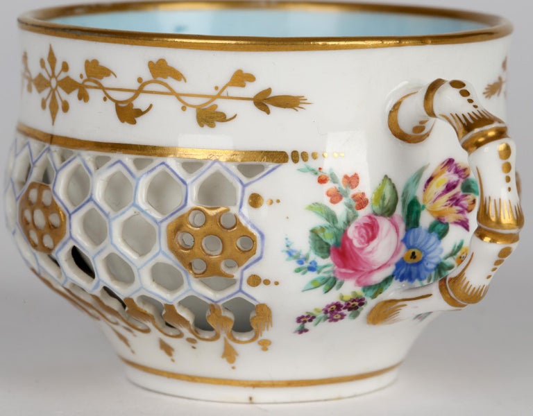 Porcelain Royal Worcester Rare Reticulated Floral Painted Cabinet Cup and Saucer
