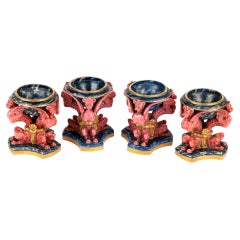 Antique Royal Worcester Rare Set Porcelain Winged Griffin Marbled Table Salts