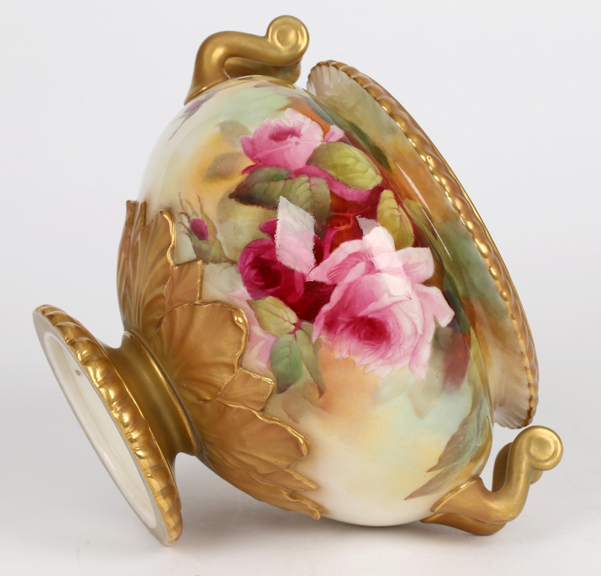Royal Worcester Rose Painted Twin Handled Porcelain Bowl By Jack Southall In Good Condition In Bishop's Stortford, Hertfordshire