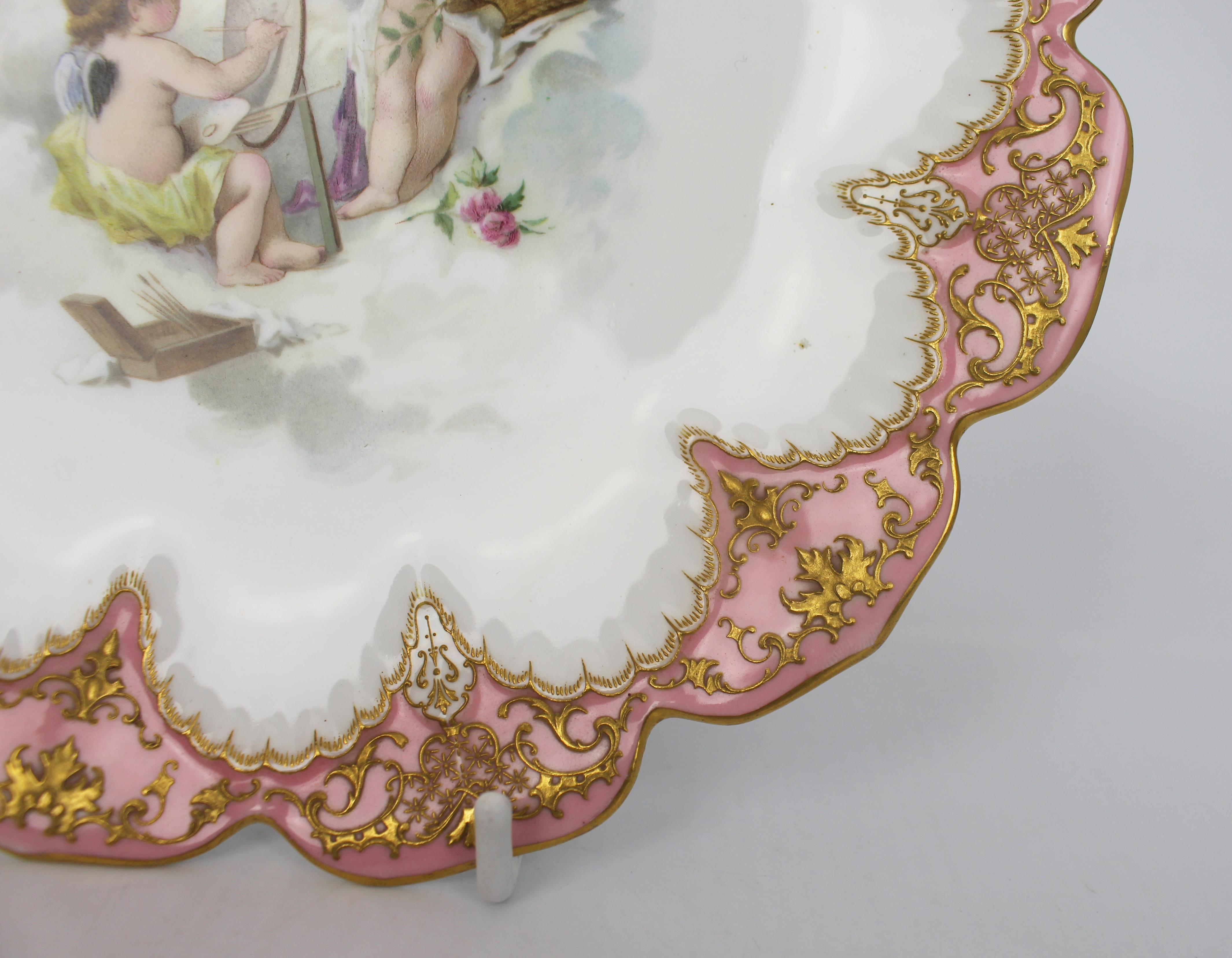 19th Century Royal Worcester Rose Pompadour Putti Cabinet Plate For Sale