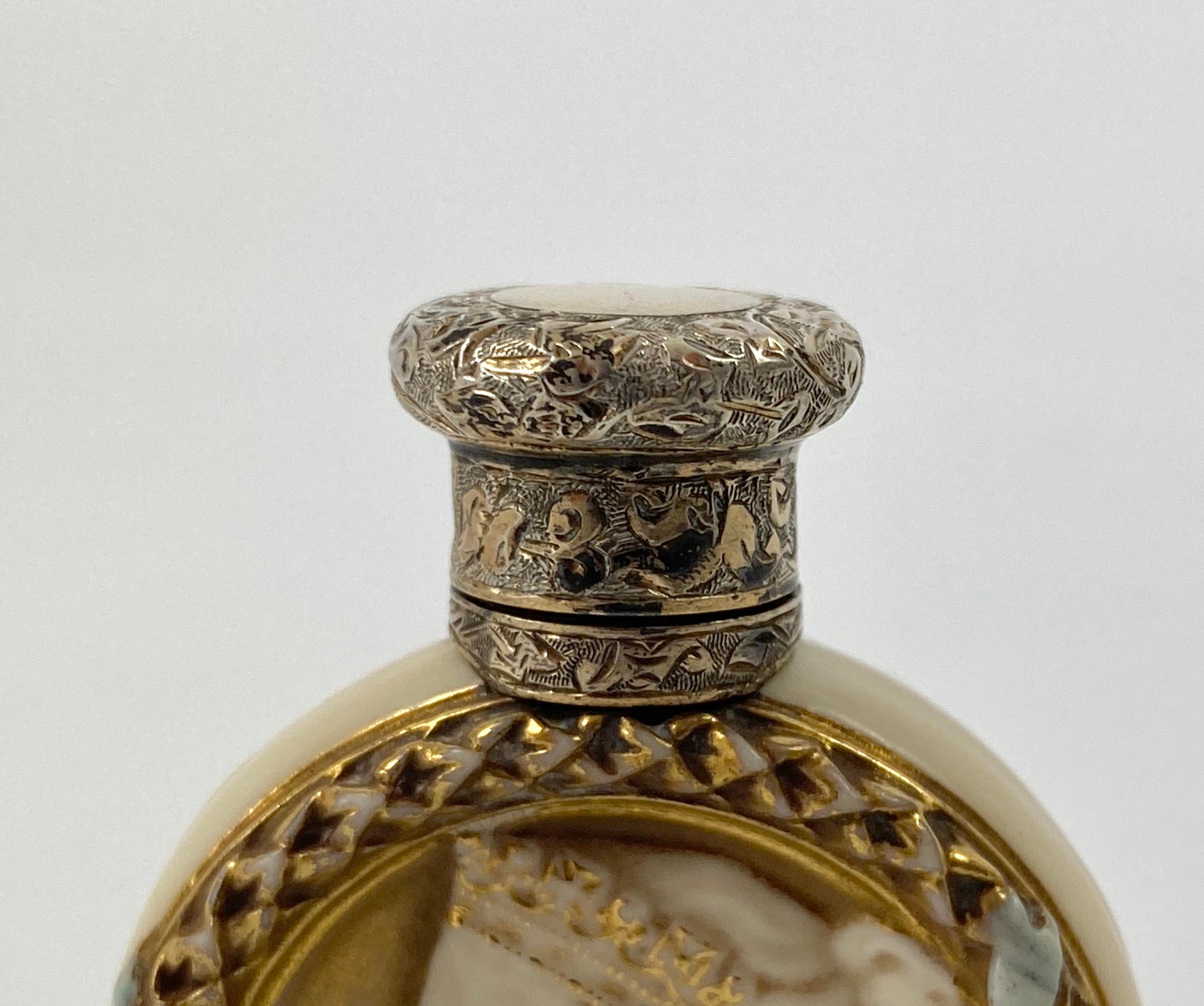 Rare Royal Worcester porcelain scent bottle, 1887. Made to commemorate the Golden Jubilee of Queen Victoria. Finely moulded with a profile of Queen Victoria, against a gold ground, within a moulded wreath with the inscription ‘Victoria 1837 –