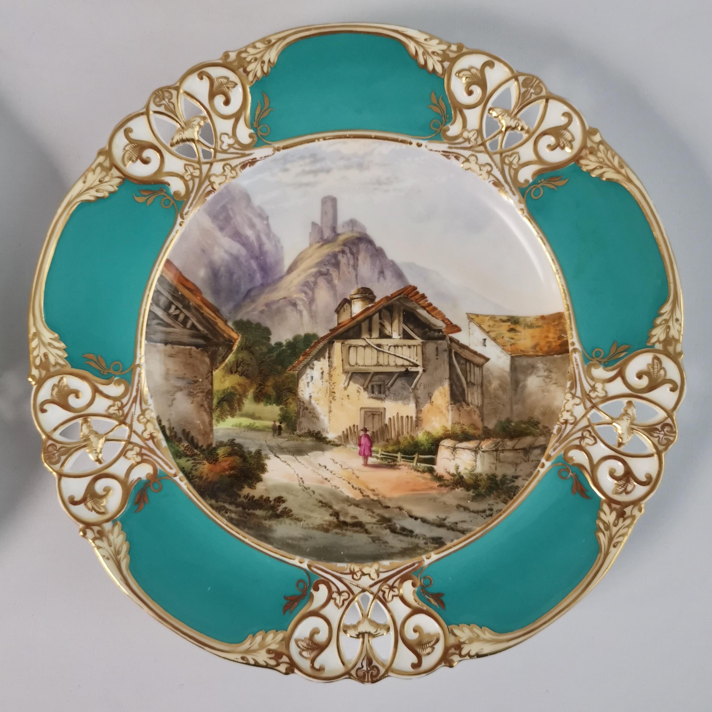 Victorian Royal Worcester Set of Four Plates, Green, Landscapes Attr. R.Perling, ca 1870