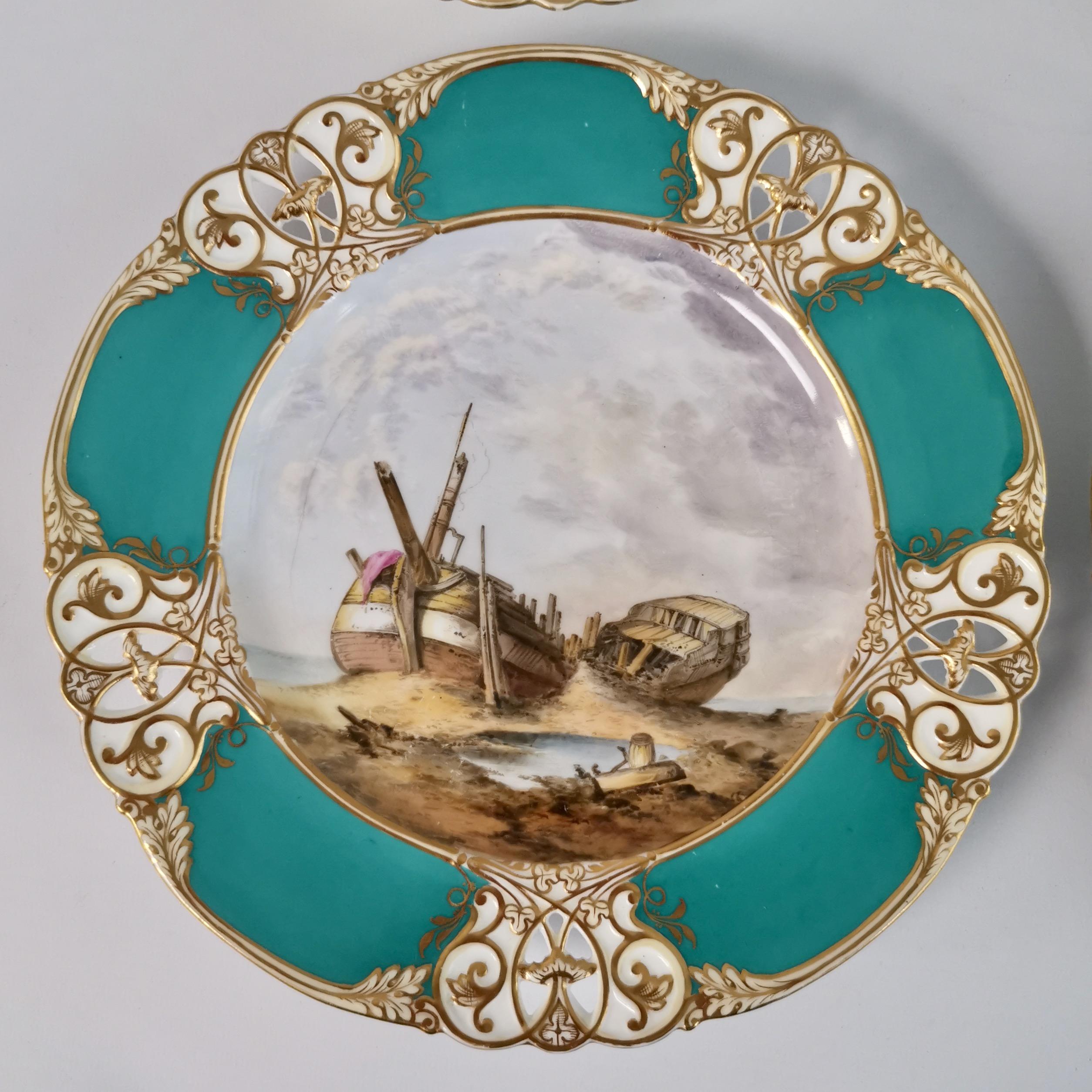 English Royal Worcester Set of Four Plates, Green, Landscapes Attr. R.Perling, ca 1870