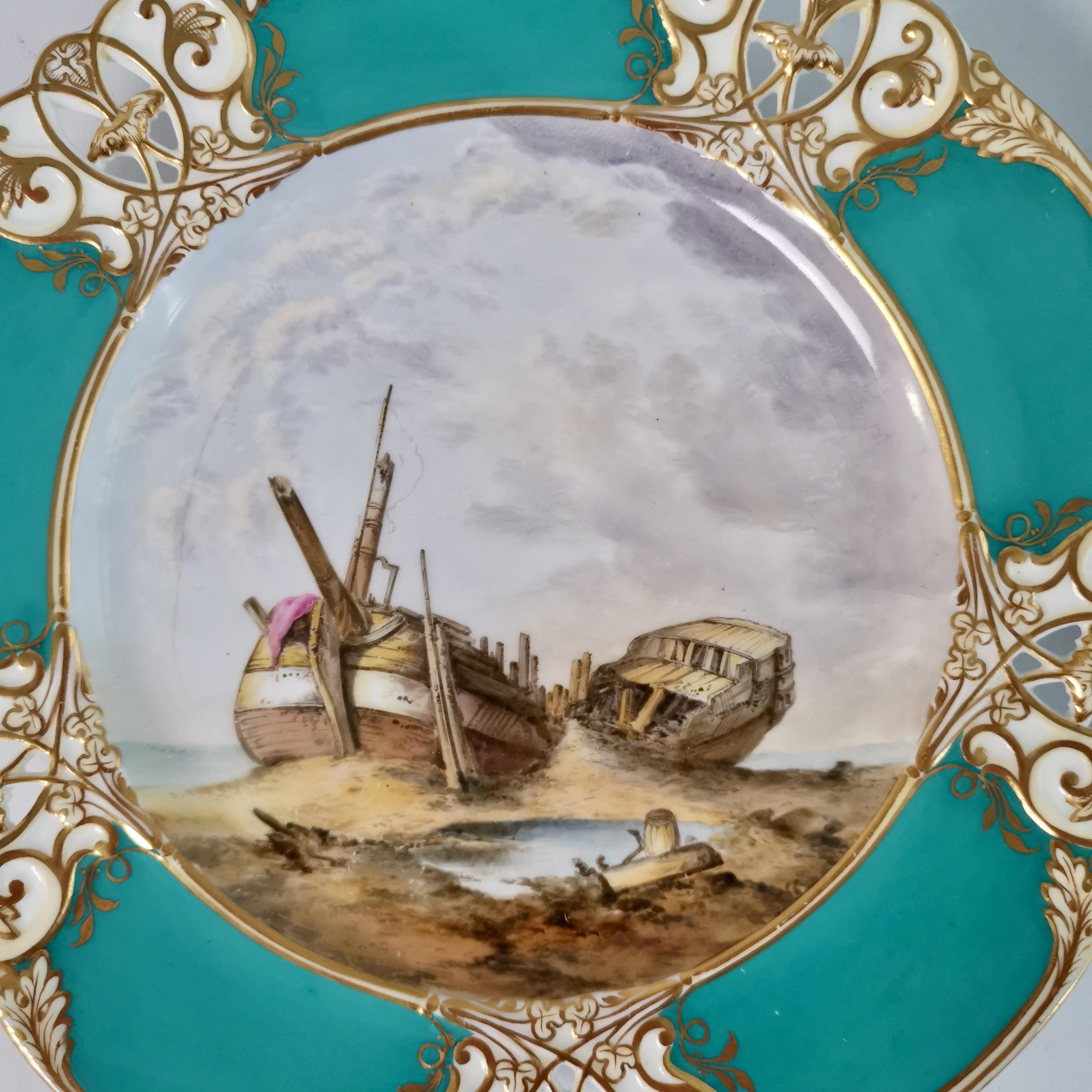Porcelain Royal Worcester Set of Four Plates, Green, Landscapes Attr. R.Perling, ca 1870