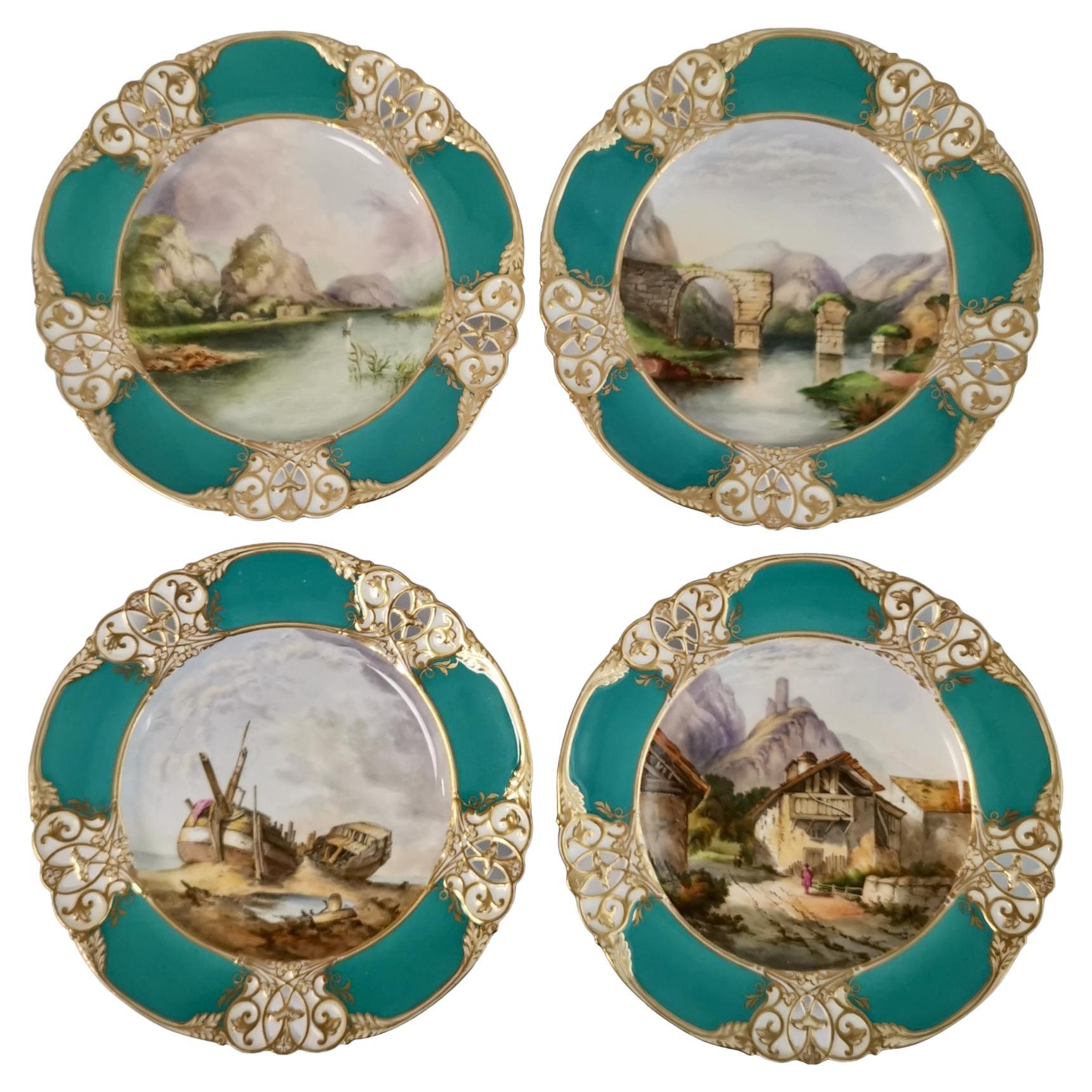 Royal Worcester Set of Four Plates, Green, Landscapes Attr. R.Perling, ca 1870