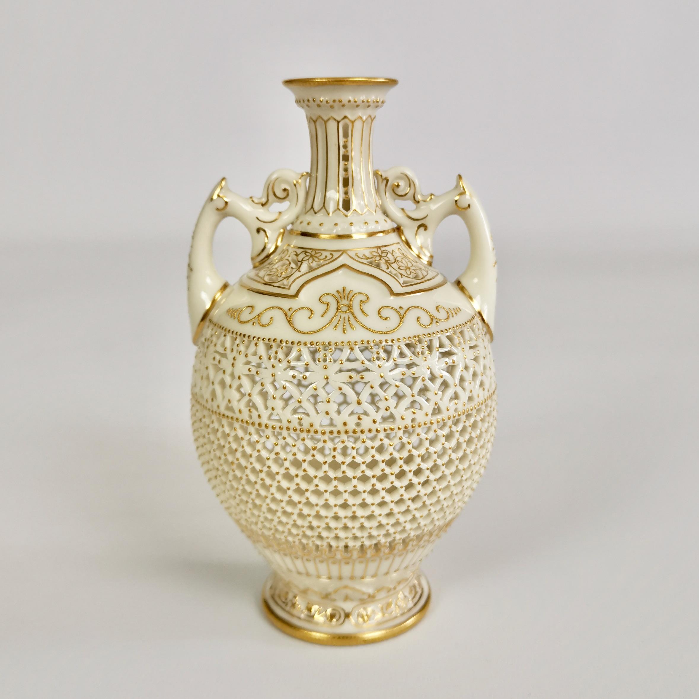 Edwardian Royal Worcester Small Persian Porcelain Vase, Reticulated George Owen, 1917