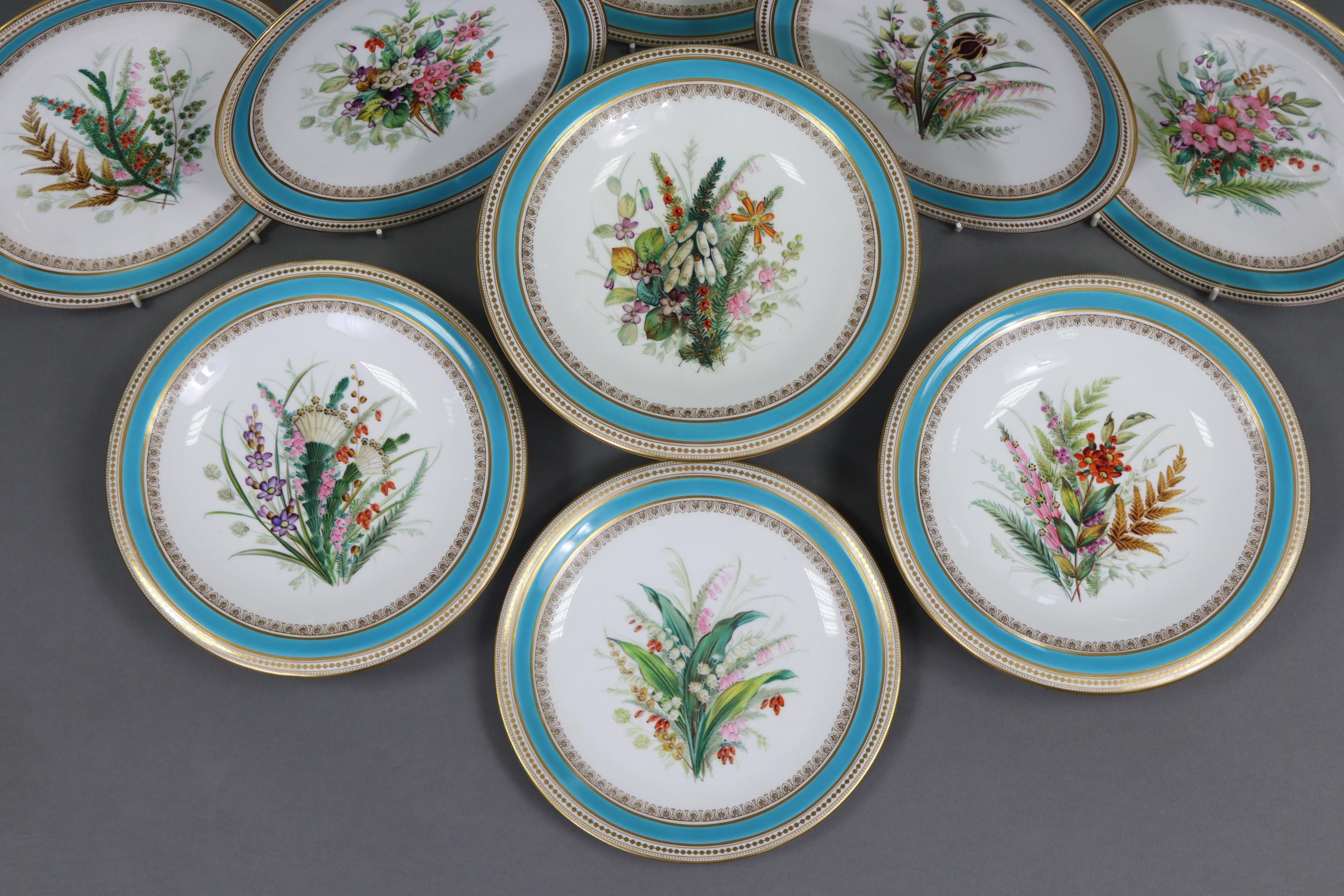 A late Victorian 9-piece part dessert service made by the famous Royal Worcester factory. This service comprising of a tall comport, a pair of low comports and six plates each with a different floral and leafy decoration to the centre reserve. These