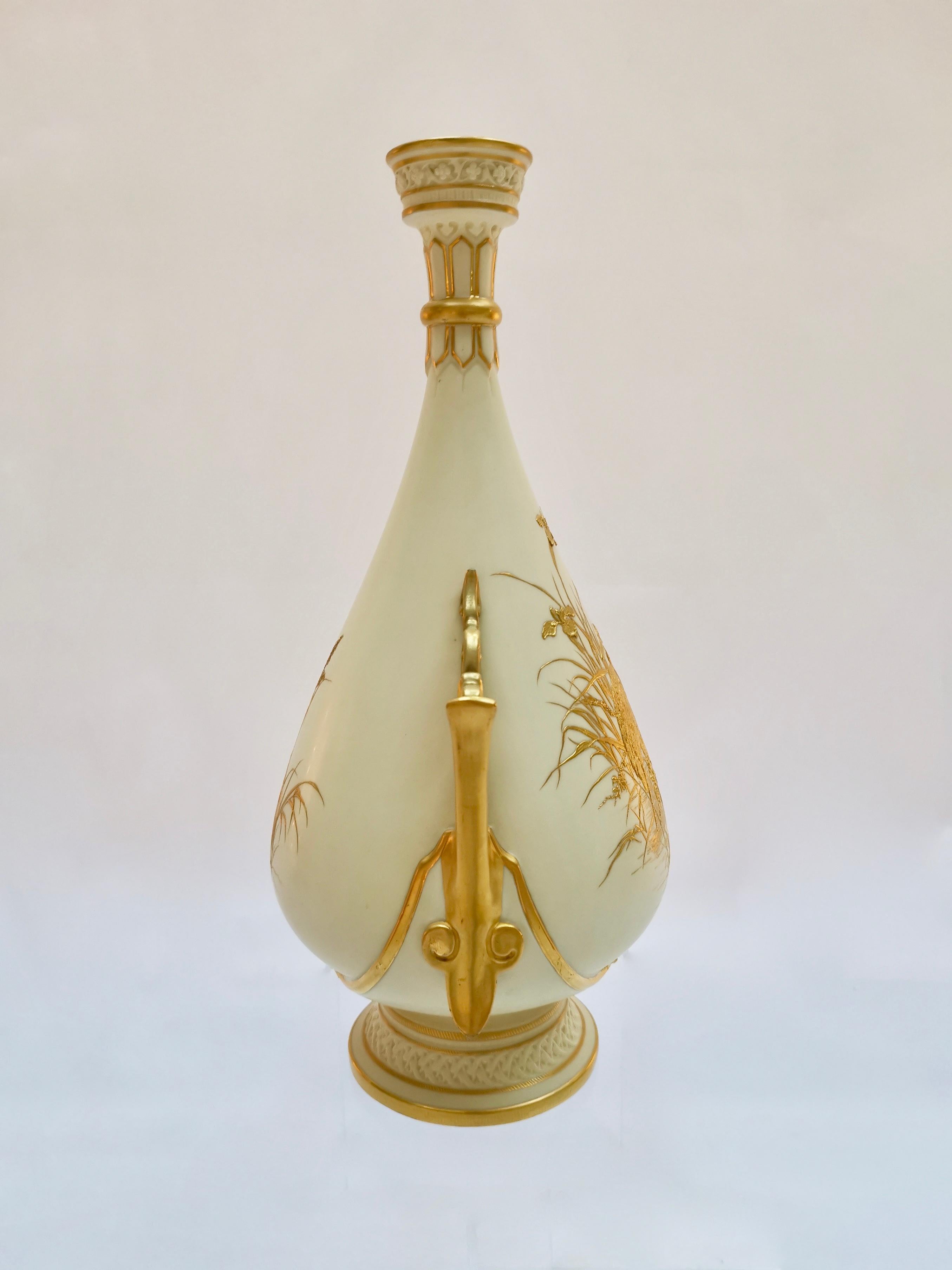 This is a superb porcelain vase made by Royal Worcester in 1889. The vase is in the Persian Revival style and has a superbly crafted chased gilt image of a spoonbill stork, decorated by Thomas Morton, a famous gilder.

The original Worcester pottery