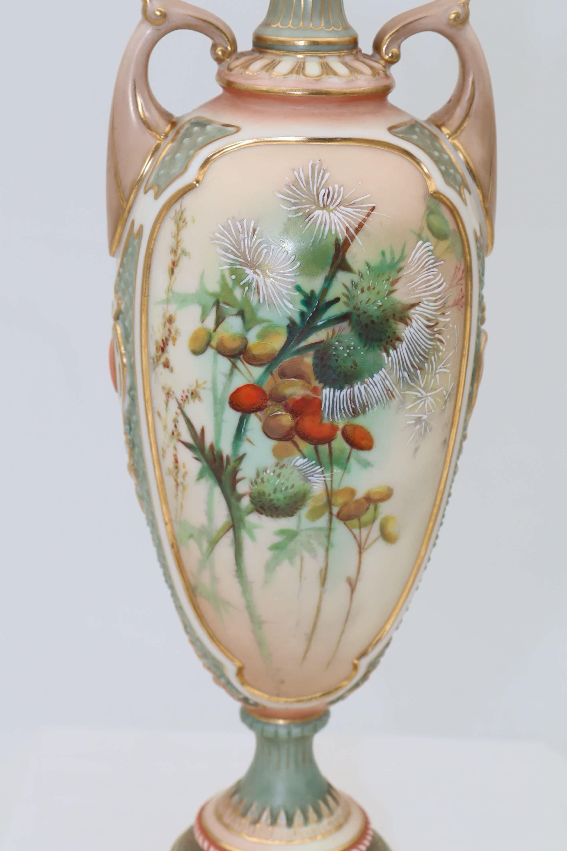 Late Victorian Royal Worcester vase featuring hand painted thistles For Sale