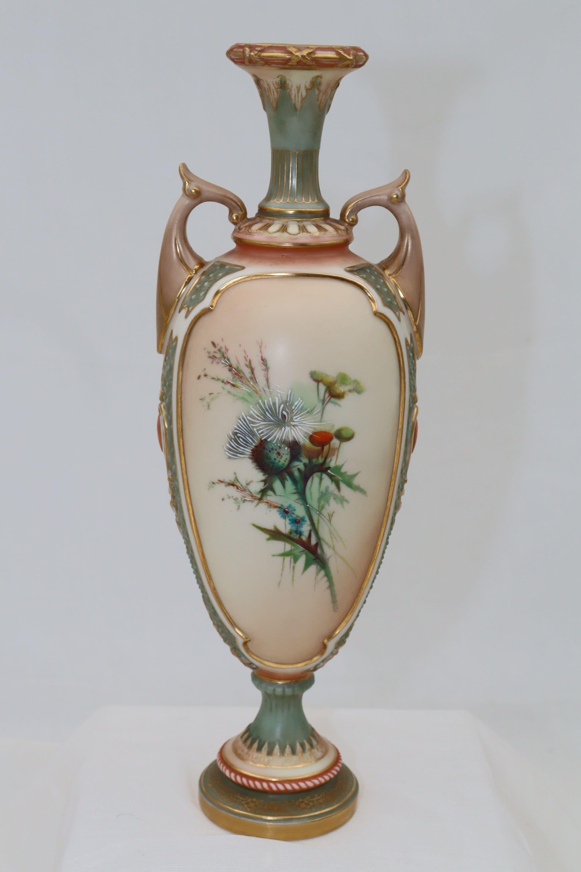 Hand-Painted Royal Worcester vase featuring hand painted thistles For Sale
