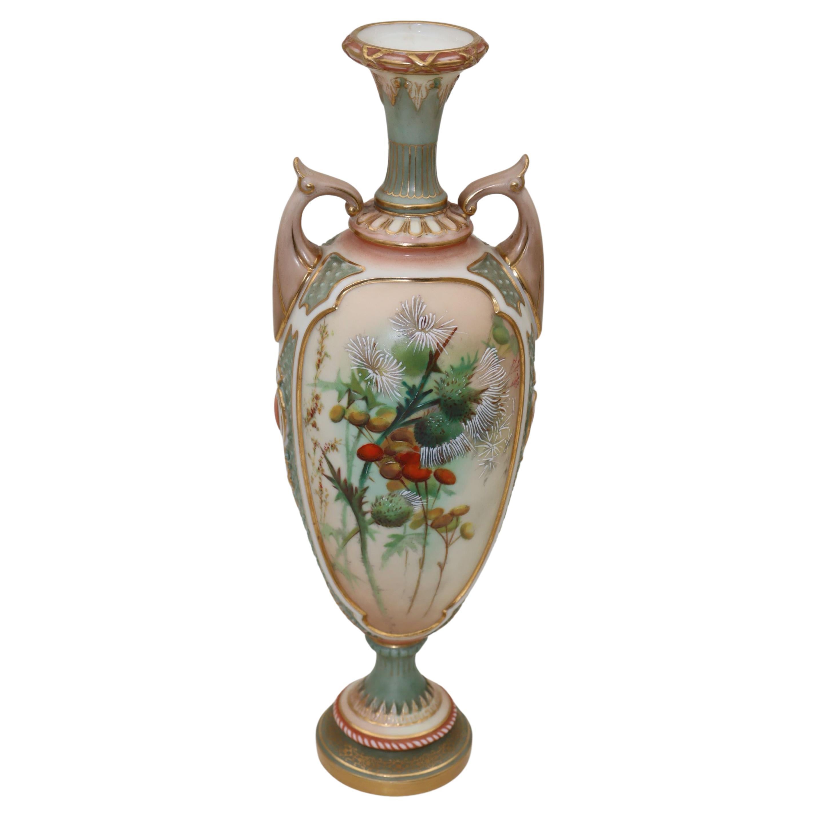 Vase Royal Worcester représentant des chardons peints à la main