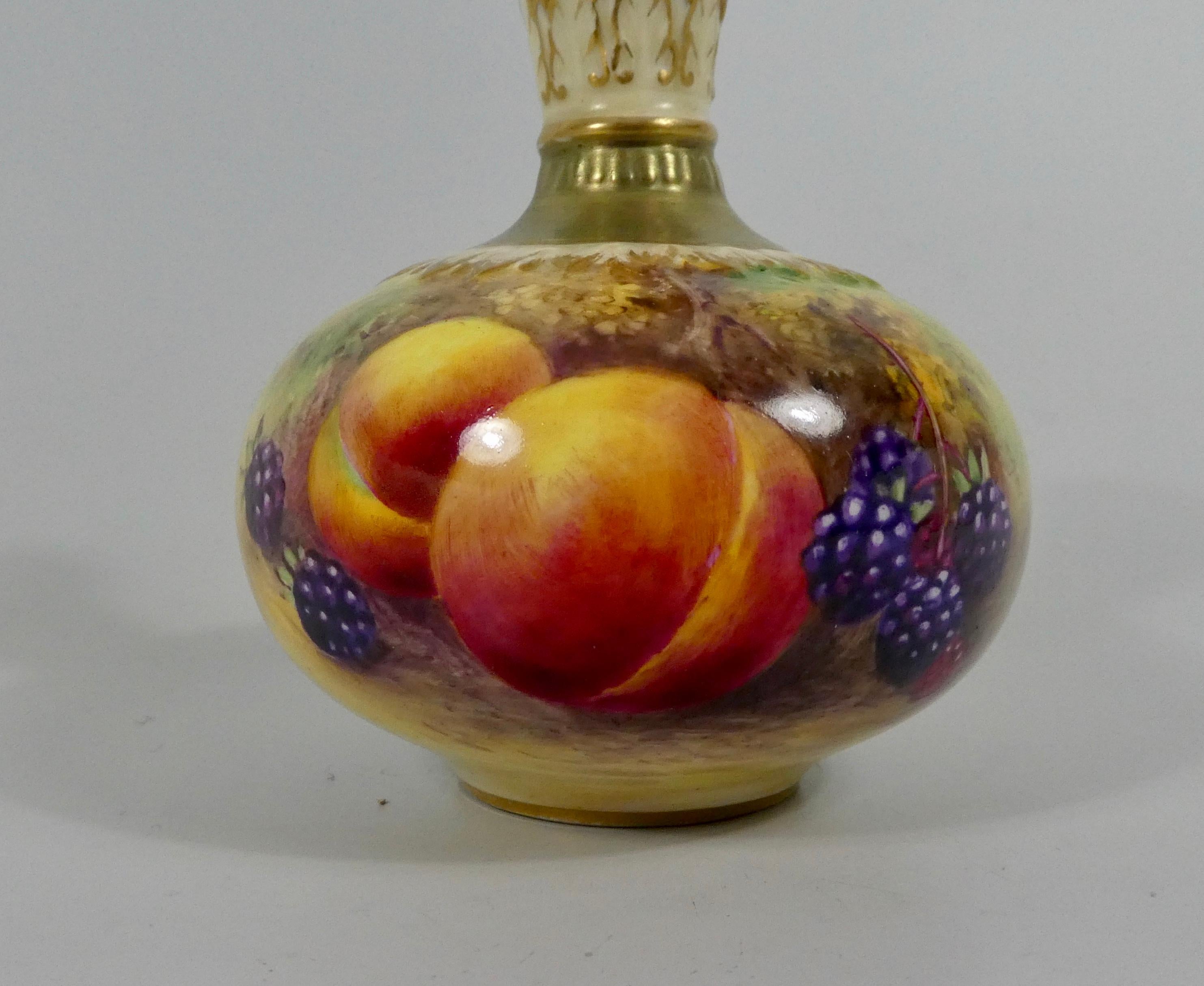 Royal Worcester porcelain vase, dated 1933. Finely painted by Terence Lockyer, with a study of peaches, and black currants, upon a mossy bank. Whilst the reverse painted with blackberries. 
Having a stylised leaf moulded neck, with gilded