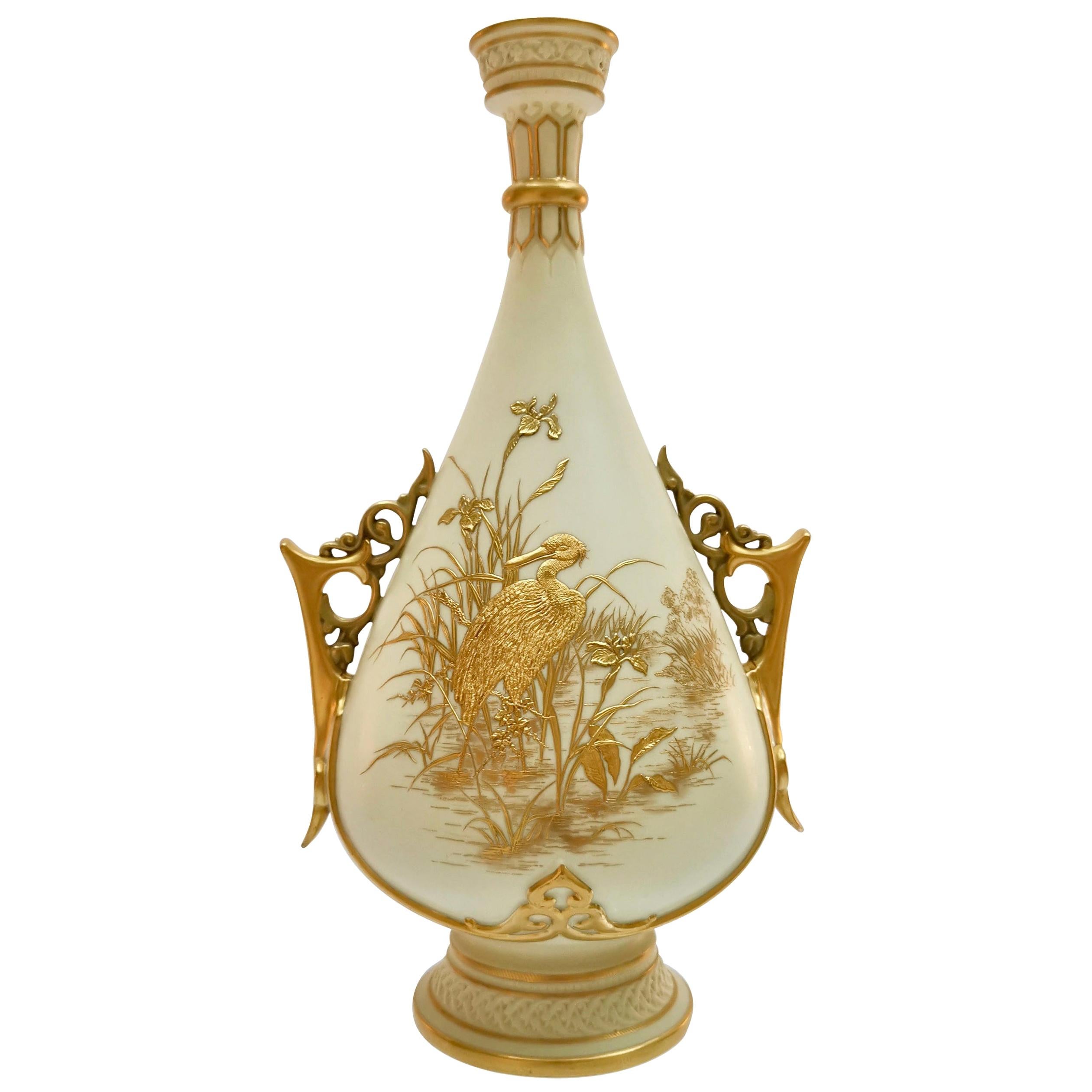 Royal Worcester Vase, Persian Revival, Gilt Stork Thomas Morton, Victorian 1889