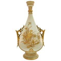 Vase Royal Worcester:: néo-persan:: cigogne dorée Thomas Morton:: victorien 1889