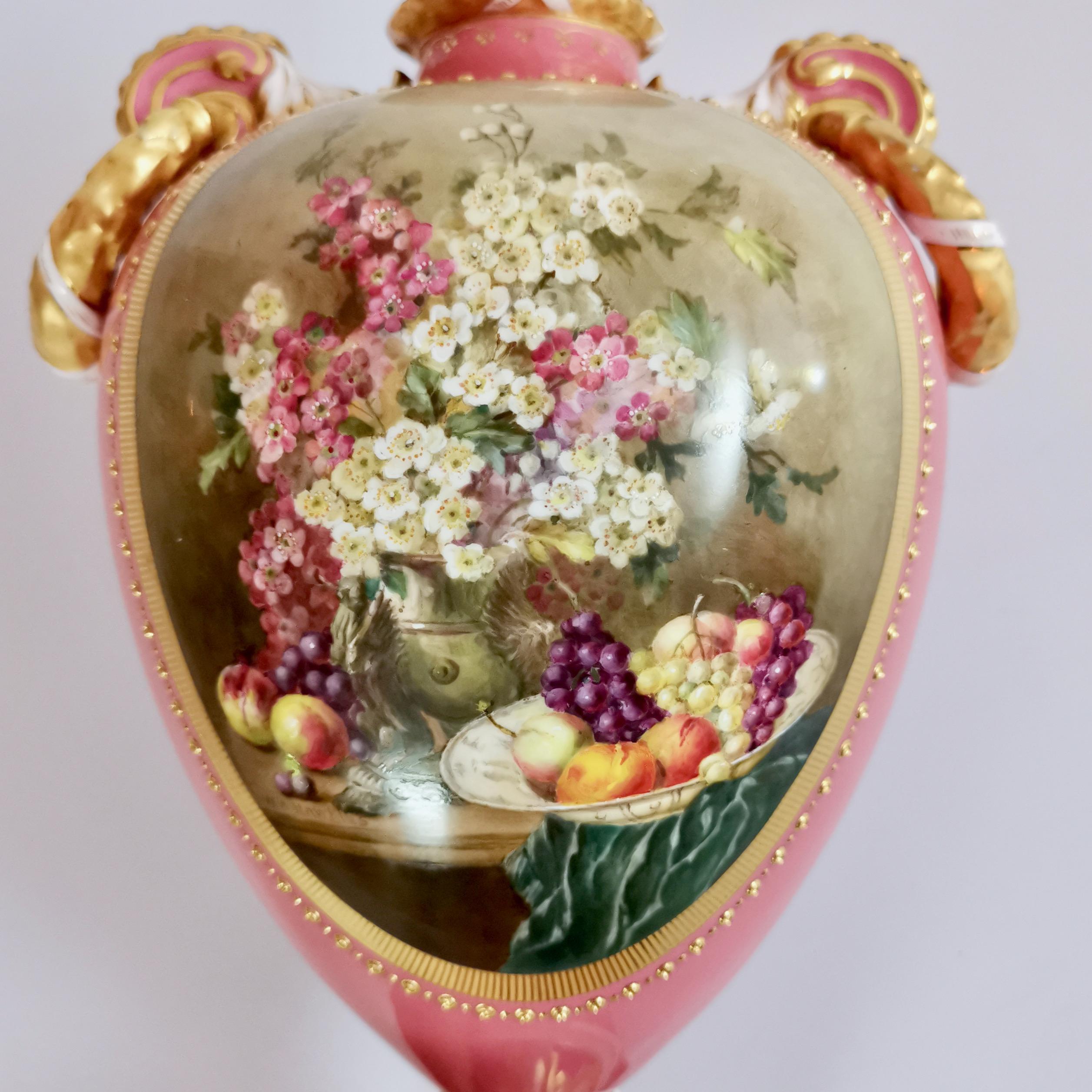 This is a stunning vase made by Royal Worcester in 1917, painted with flowers and fruits and signed by the famous porcelain artist William Hawkins.
 
The original Worcester factory was founded in the mid 18th Century and belongs to the group of