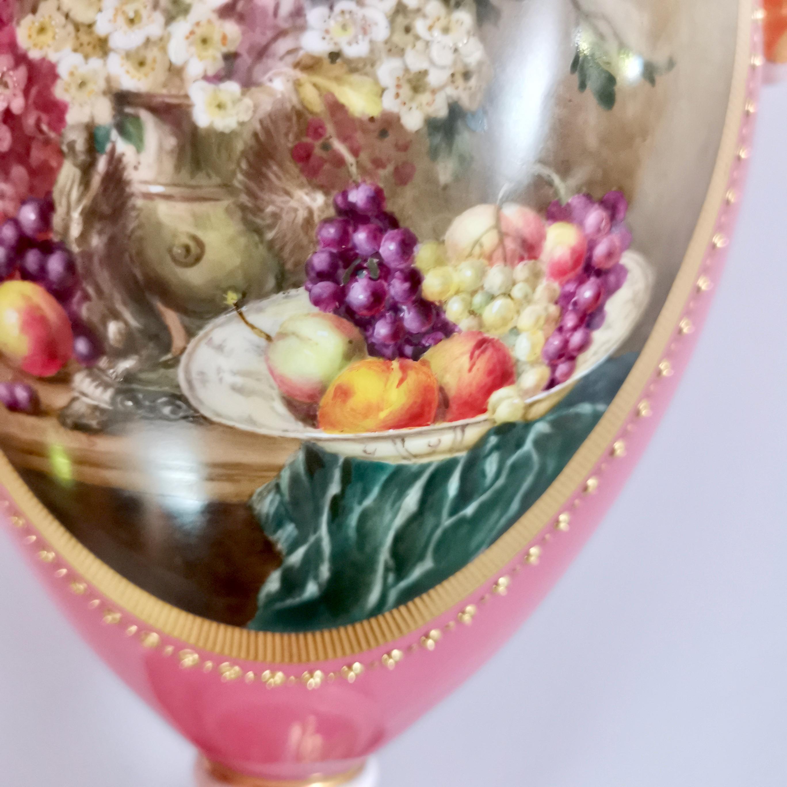 Edwardian Royal Worcester Vase, Pink with Flowers and Fruits, Signed William Hawkins, 1917