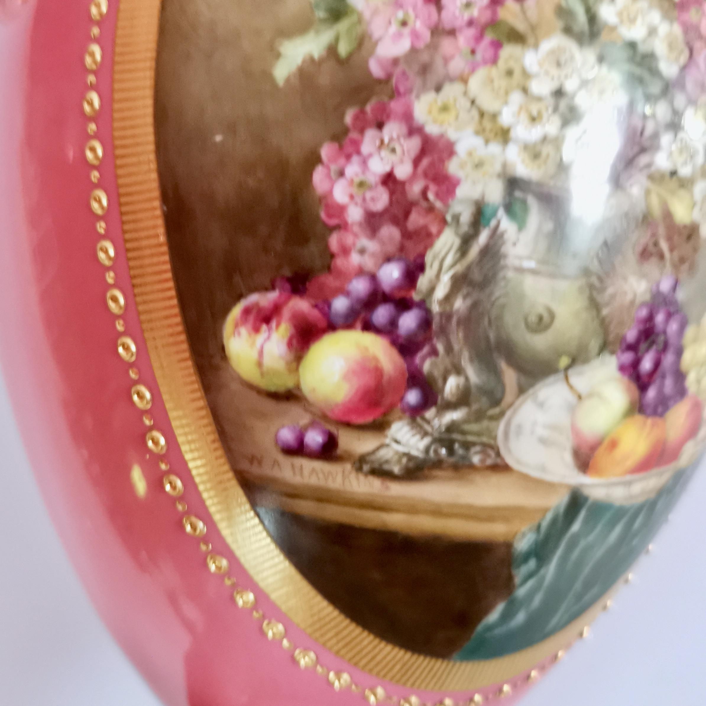 Hand-Painted Royal Worcester Vase, Pink with Flowers and Fruits, Signed William Hawkins, 1917