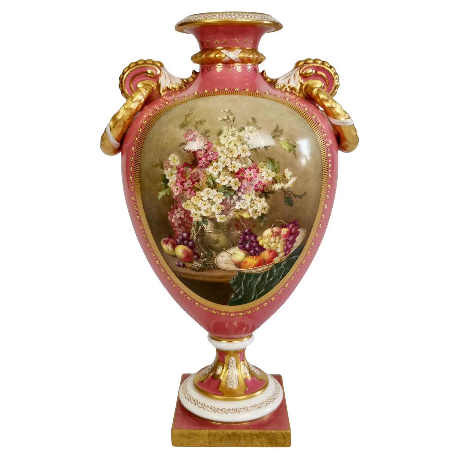 Royal Worcester Vase, Pink with Flowers and Fruits, Signed William Hawkins, 1917