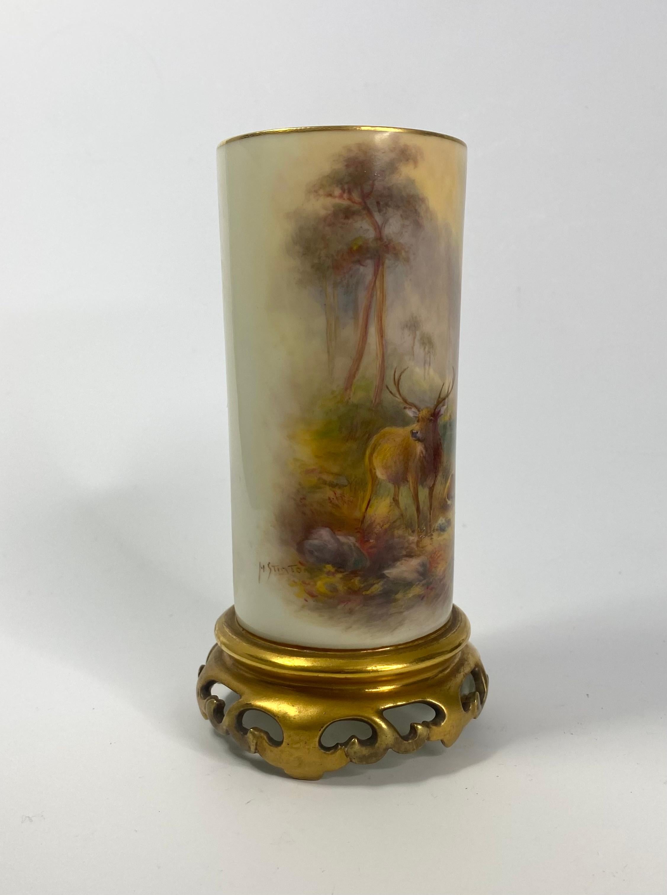 Fired Royal Worcester vase, Stags, Harry Stinton, D. 1934