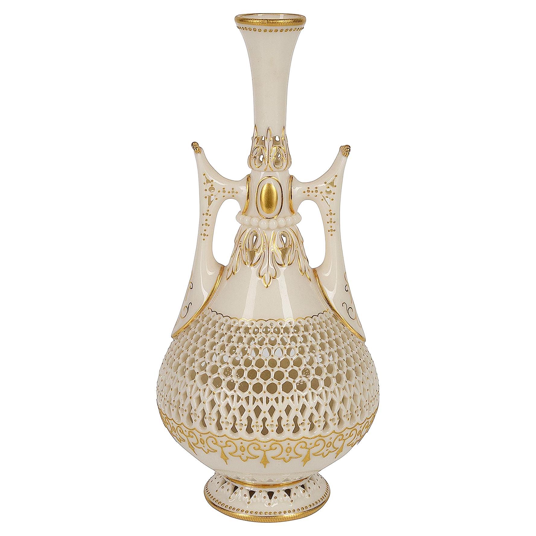 Royal Worchester Reticulated Two Handle Vase by George Owen