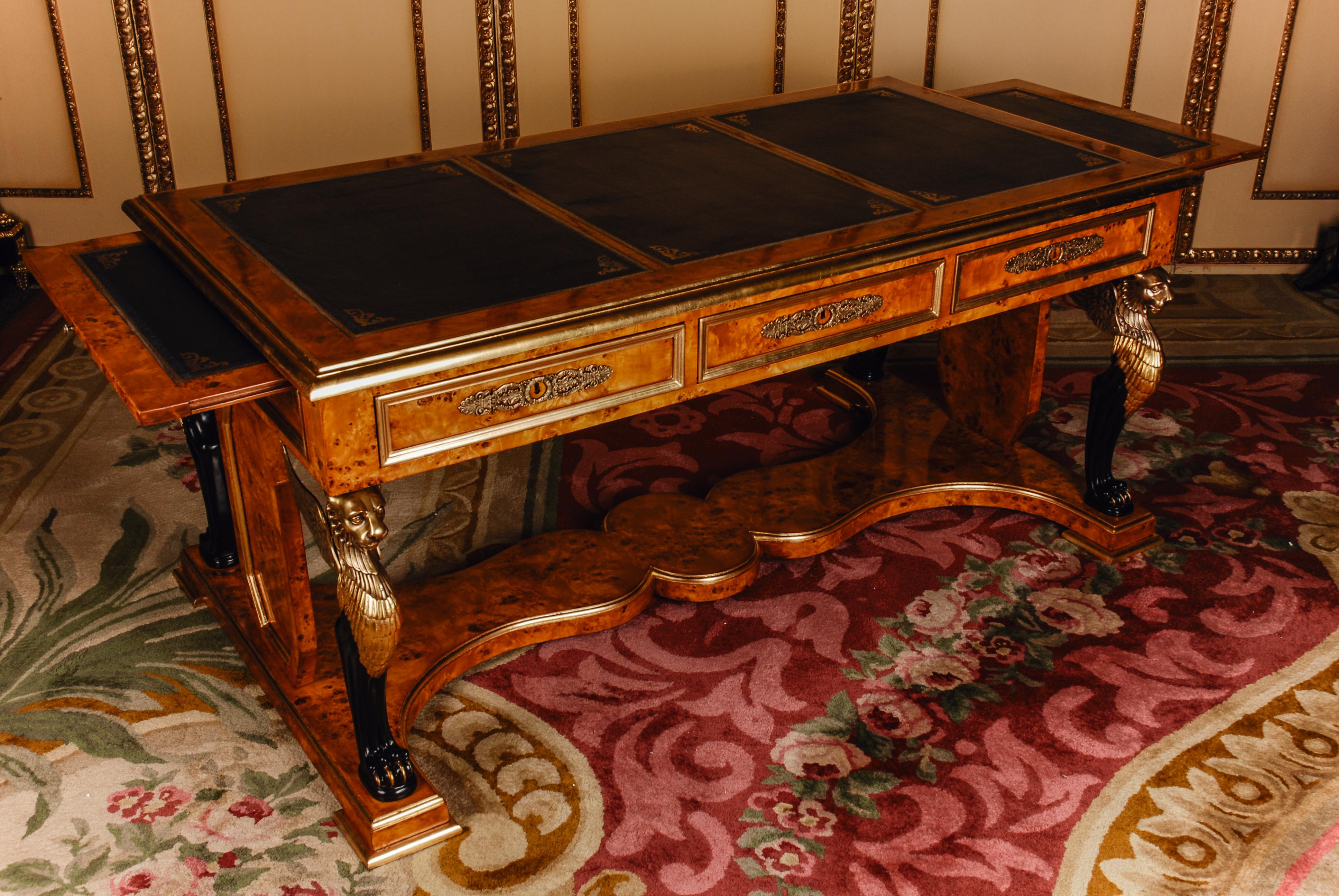 French Royal Writing Desk/ Bureau Plat in Empire Style After J. Desmalter, Maple Root For Sale