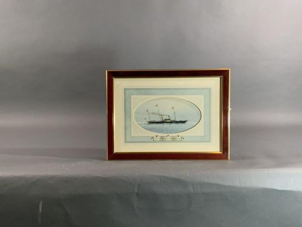 Framed watercolor showing the British Royal Yacht Victoria and Albert by William Bishop. Unique painted oval matting and painted ships name. Be sure to click on the close up photos.

Measures: Weight is 2 lbs. On Sight Dimensions: 9