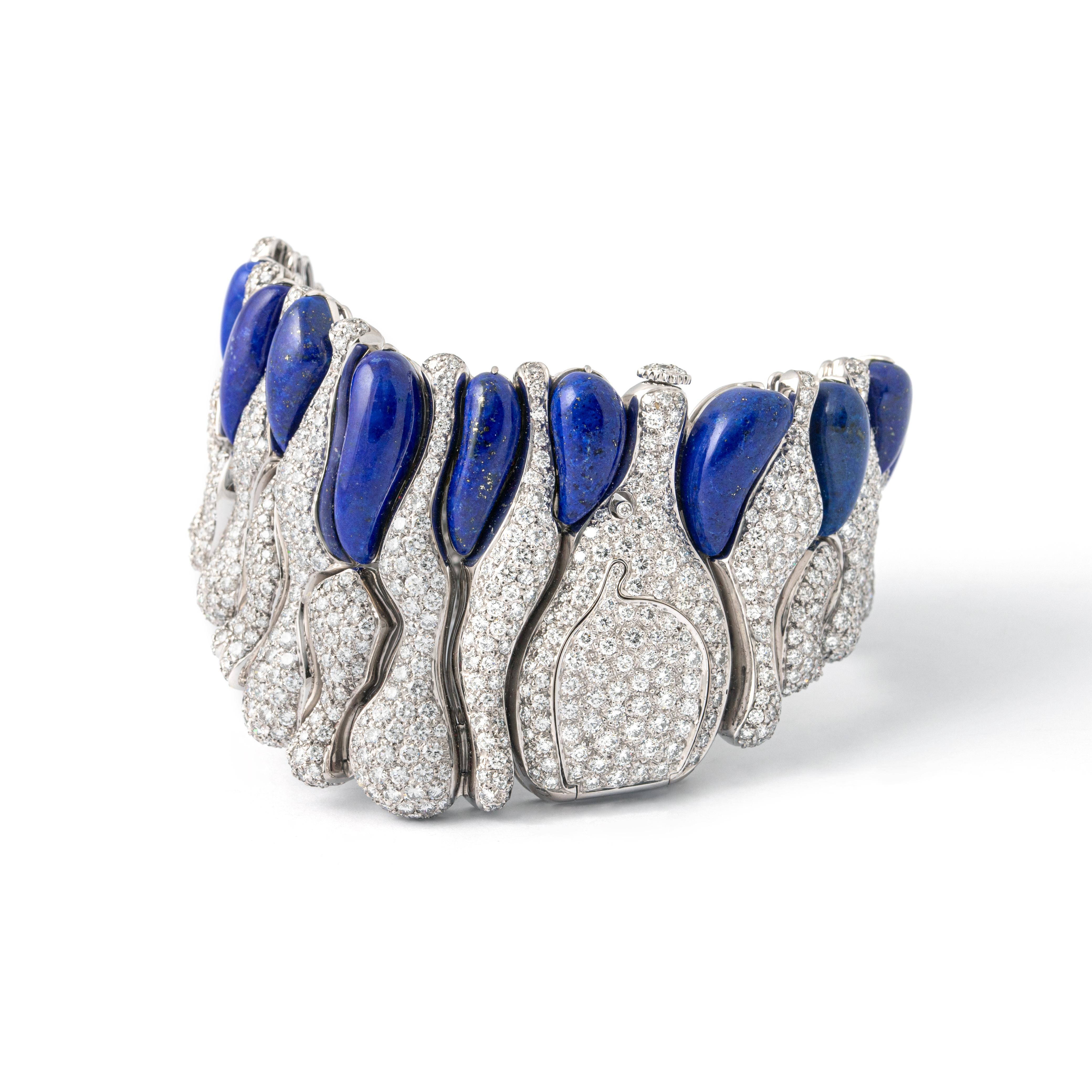 Women's or Men's Royama Diamond Lapis Lazuli White Gold 18K Bracelet Watch For Sale