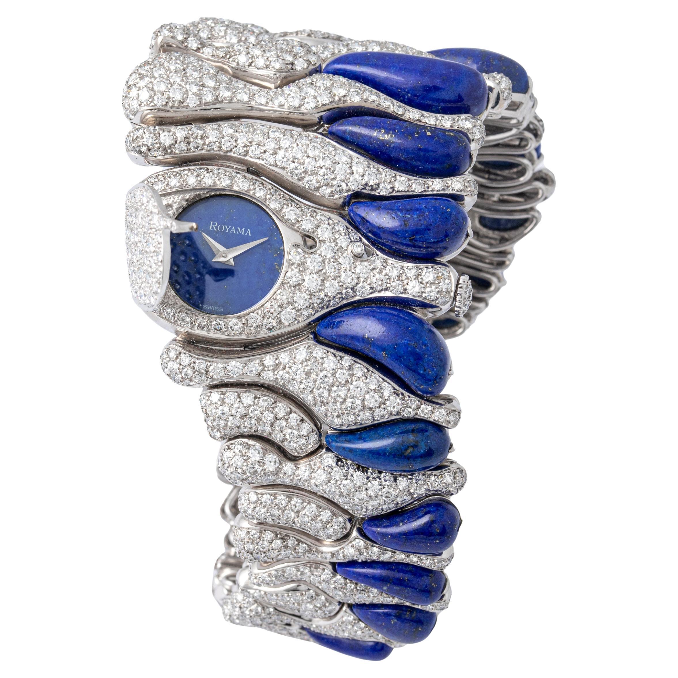 Royama Diamond Lapis Lazuli White Gold 18K Bracelet Watch For Sale